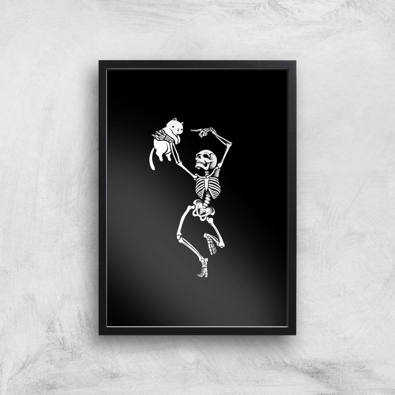 Dancing Skeleton With A Cat Giclee Art Print - A2 - Black Frame