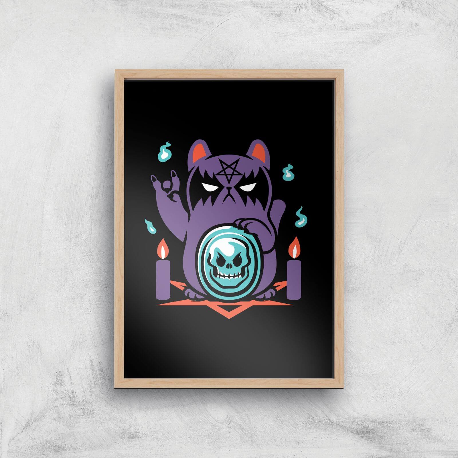 Bad Luck Satanic Cat Manekineko Giclee Art Print - A2 - Wooden Frame