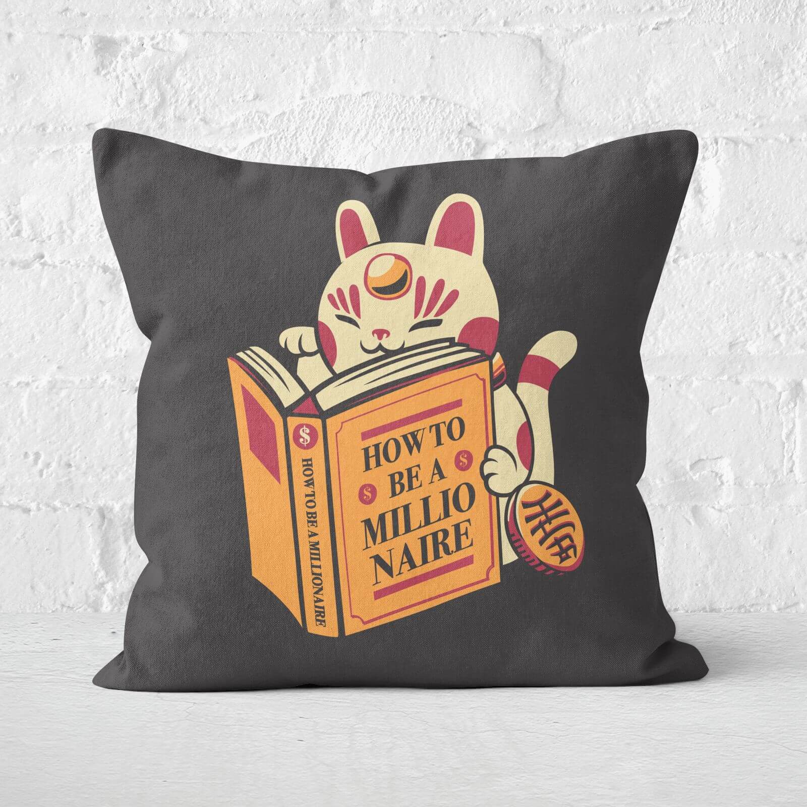 Maneki-Neko How To Be A Millionaire Cat Square Cushion - 40x40cm - Soft Touch
