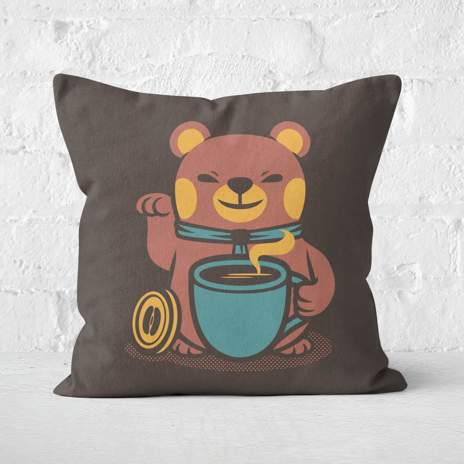 Bear Coffee Manekineko Square Cushion - 40x40cm - Soft Touch