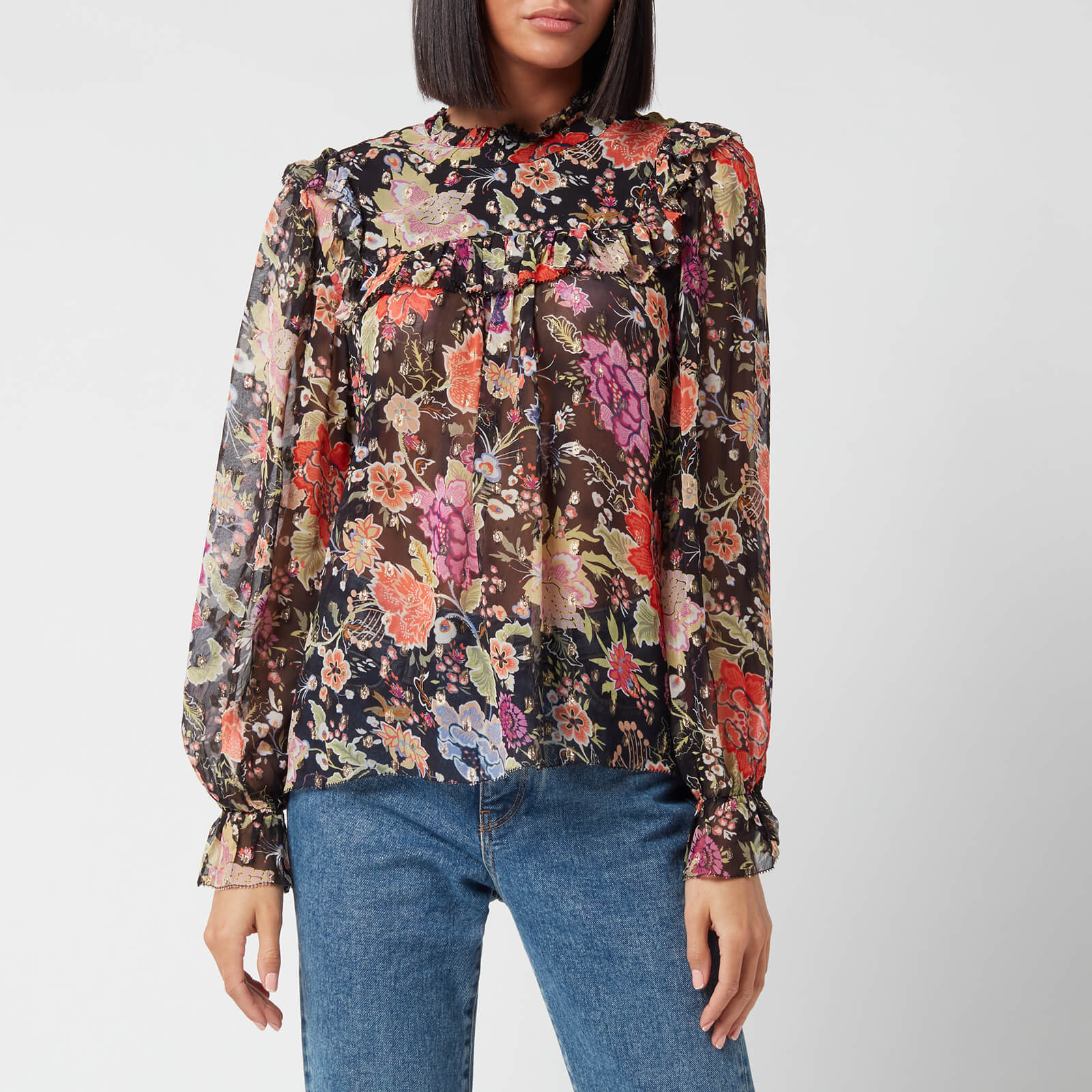 RIXO Women's Lucinda Blouse - Peony Flora Black - UK 6