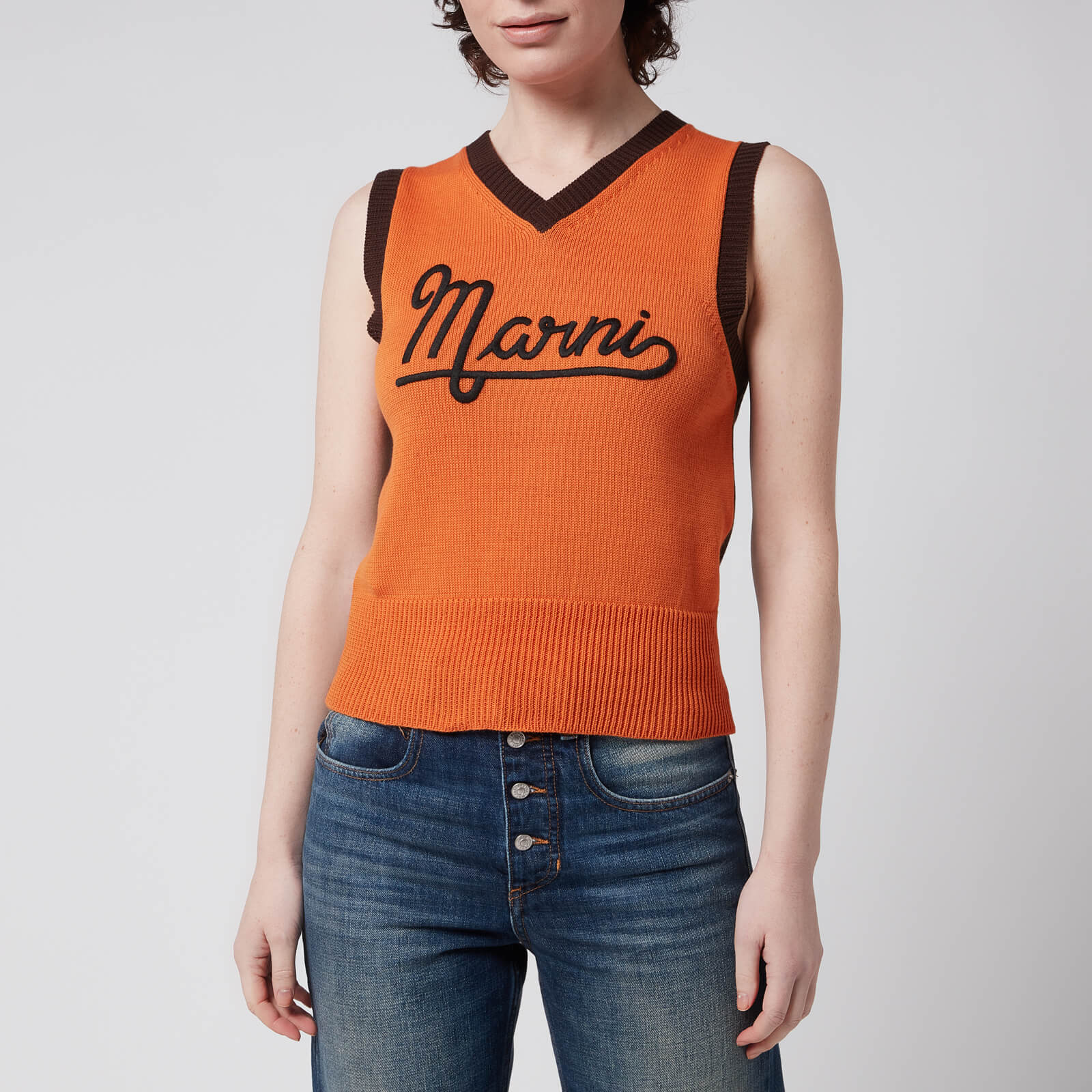 Marni Women's V Neck Logo Sweater - Carrot - IT38/UK6