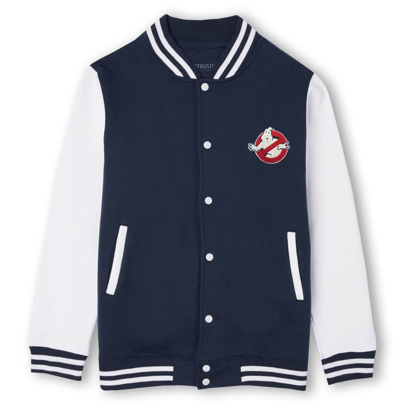 Ghostbusters Bustin' Equipment Embroidered Varsity Jacket - Navy / White - L - Navy / White