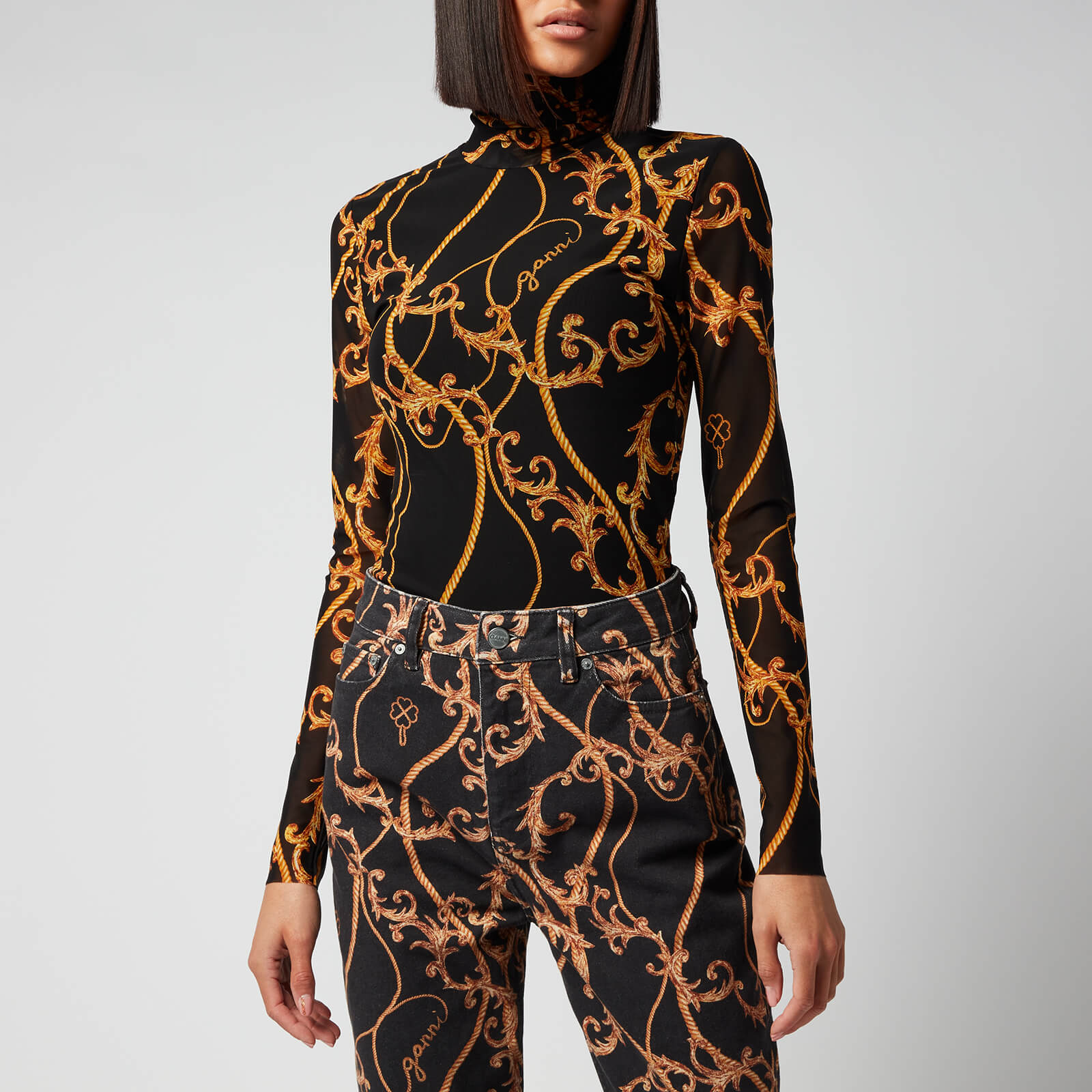 Ganni Women's Printed Mesh Top - Black - EU 34/UK 6