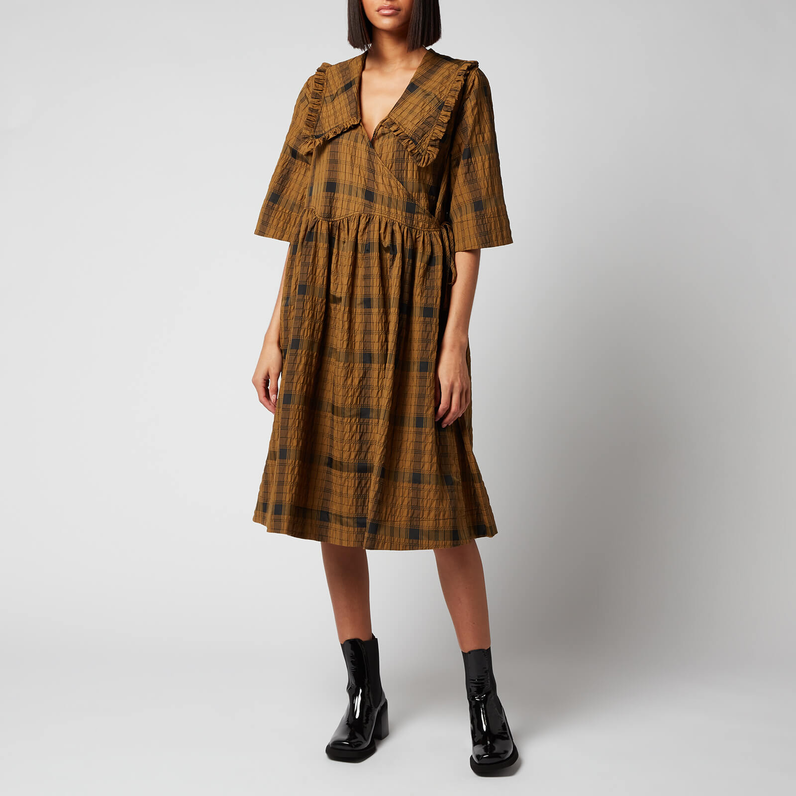 Ganni Women's Seersucker Check Midi Dress - Butternut - XXS/XS