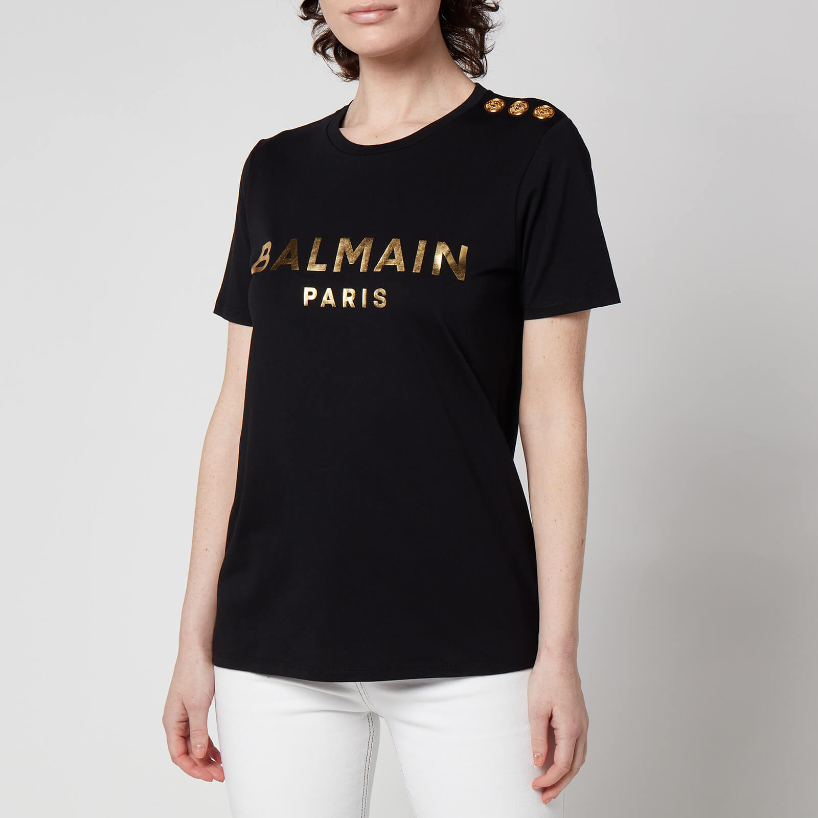Balmain Women's 3 Button Metallic Printed Balmain T-Shirt - Black - XS