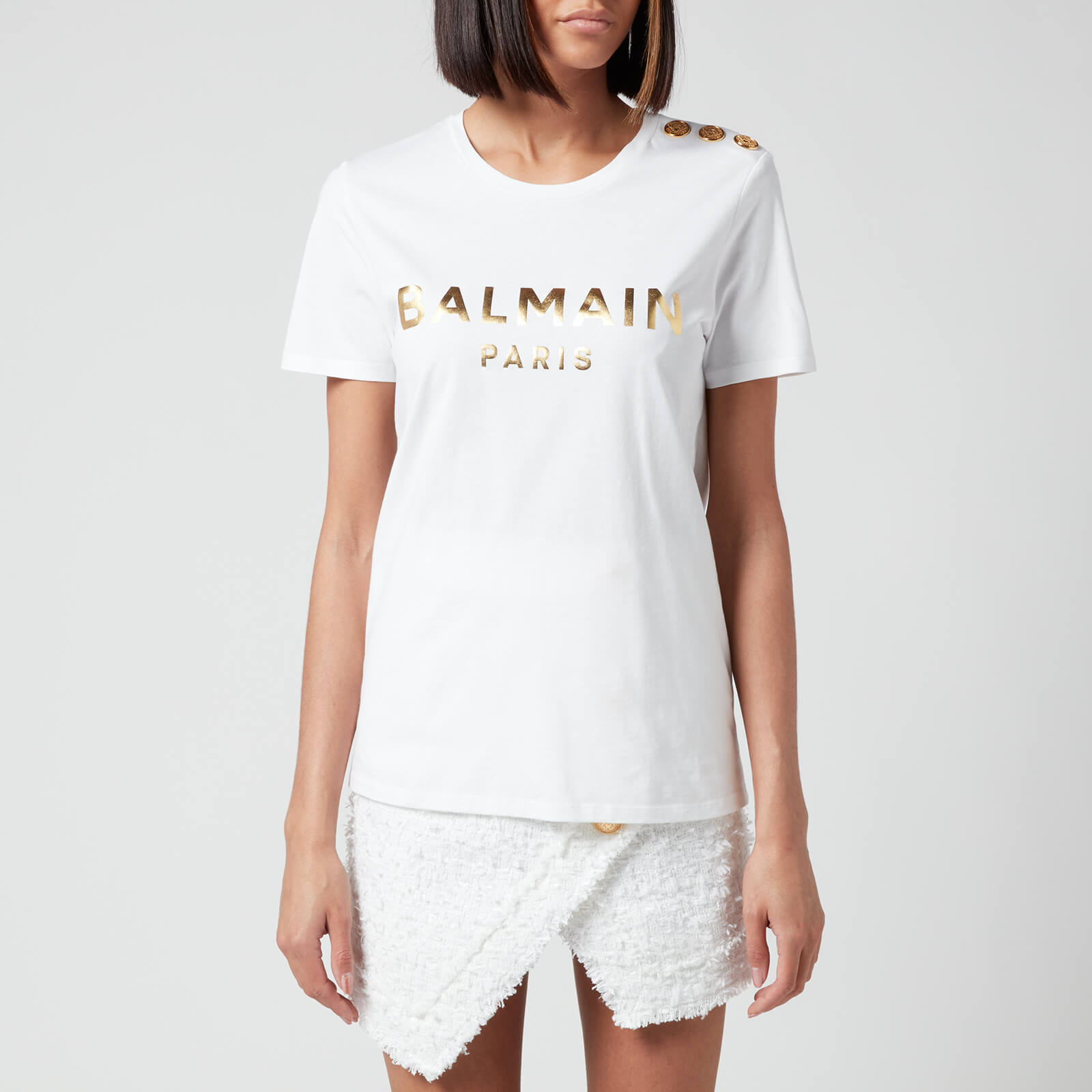 Balmain Women's 3 Button Metallic Printed Balmain T-Shirt - White - XS
