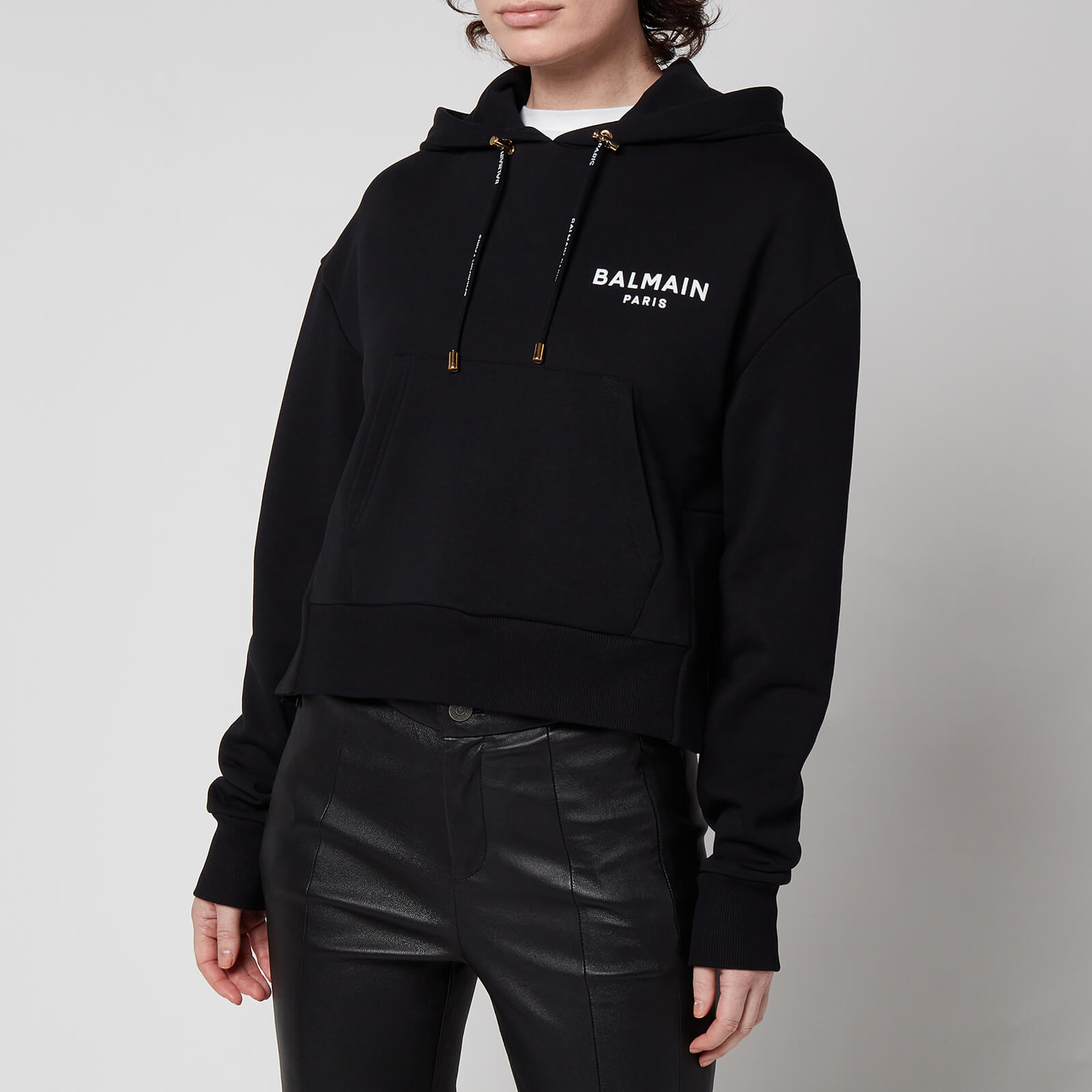 Balmain Women's Cropped Flocked Balmain Detail Hoodie Eco Design - Black - XS