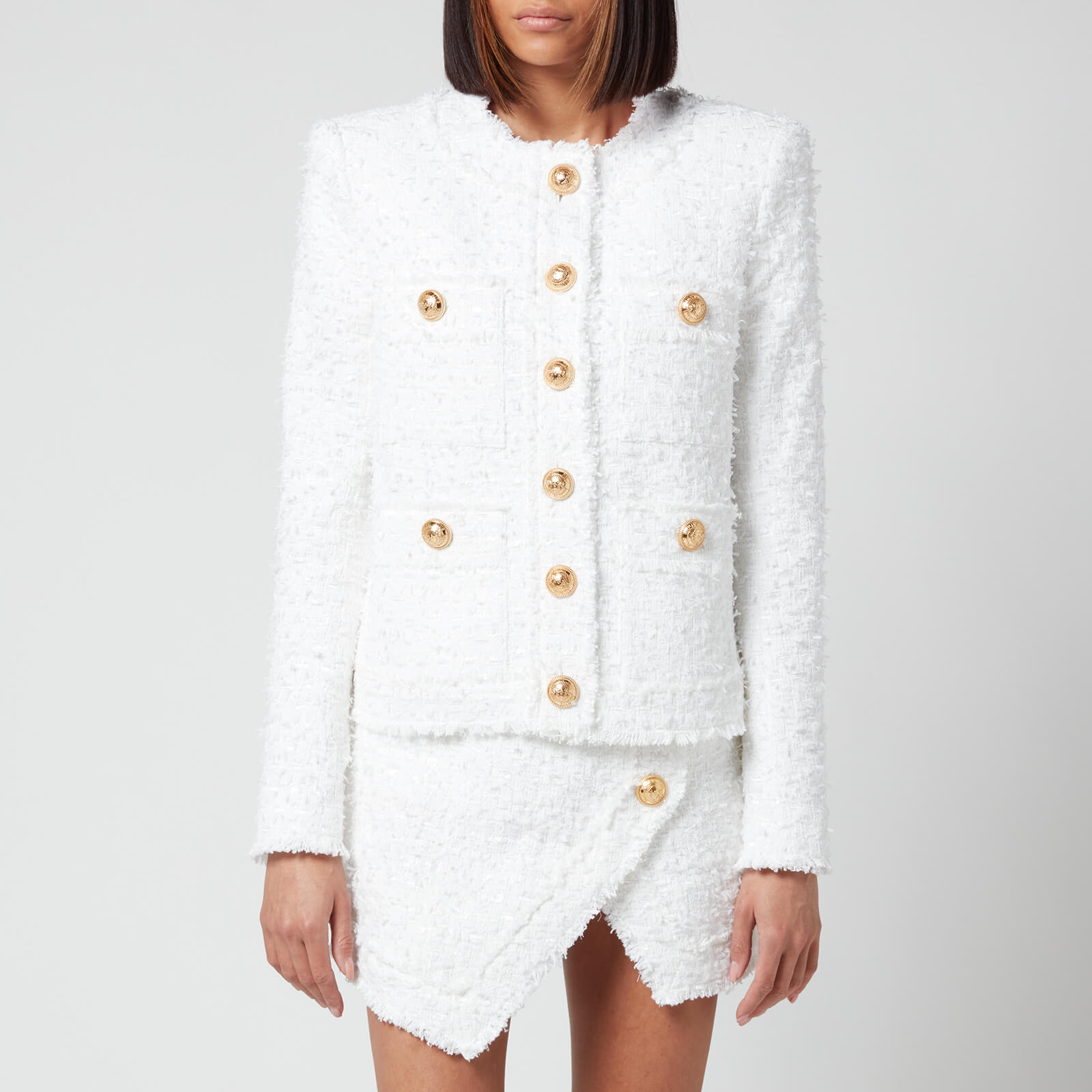 Balmain Women's Collarless 4 Pkt Tweed Jkt - White - FR34/UK6