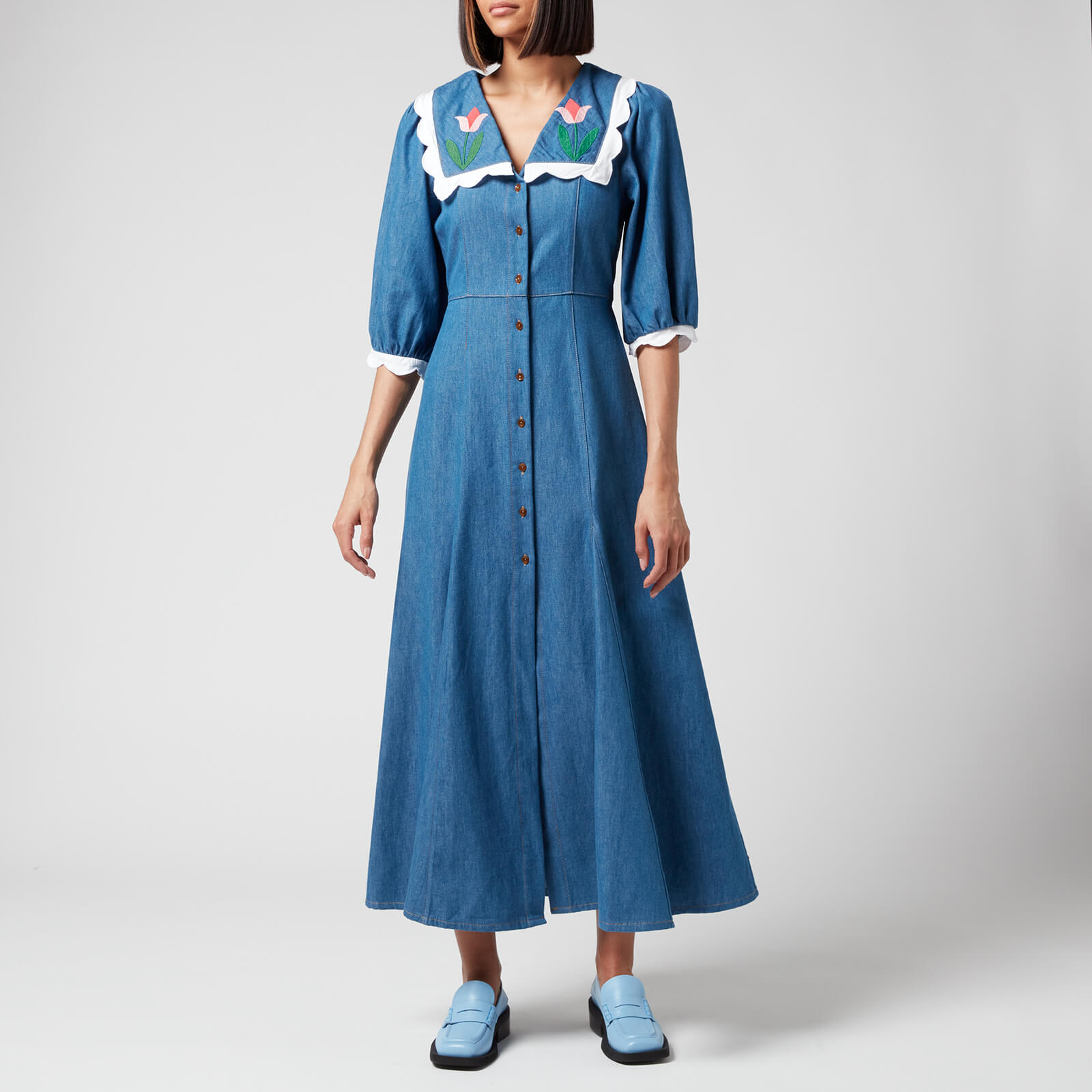RIXO Women's Ellen Denim Dress - Denim Tulip Embroidery - XXS/UK 6
