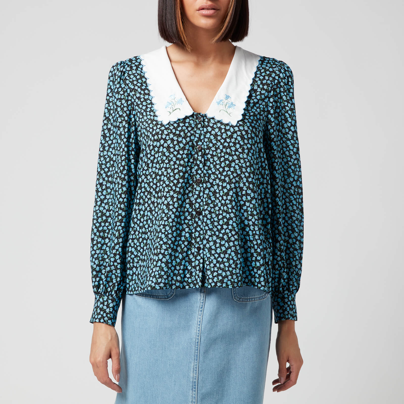 RIXO Women's Lila Blouse - Blue Ditsy Tulip - XXS/UK 6