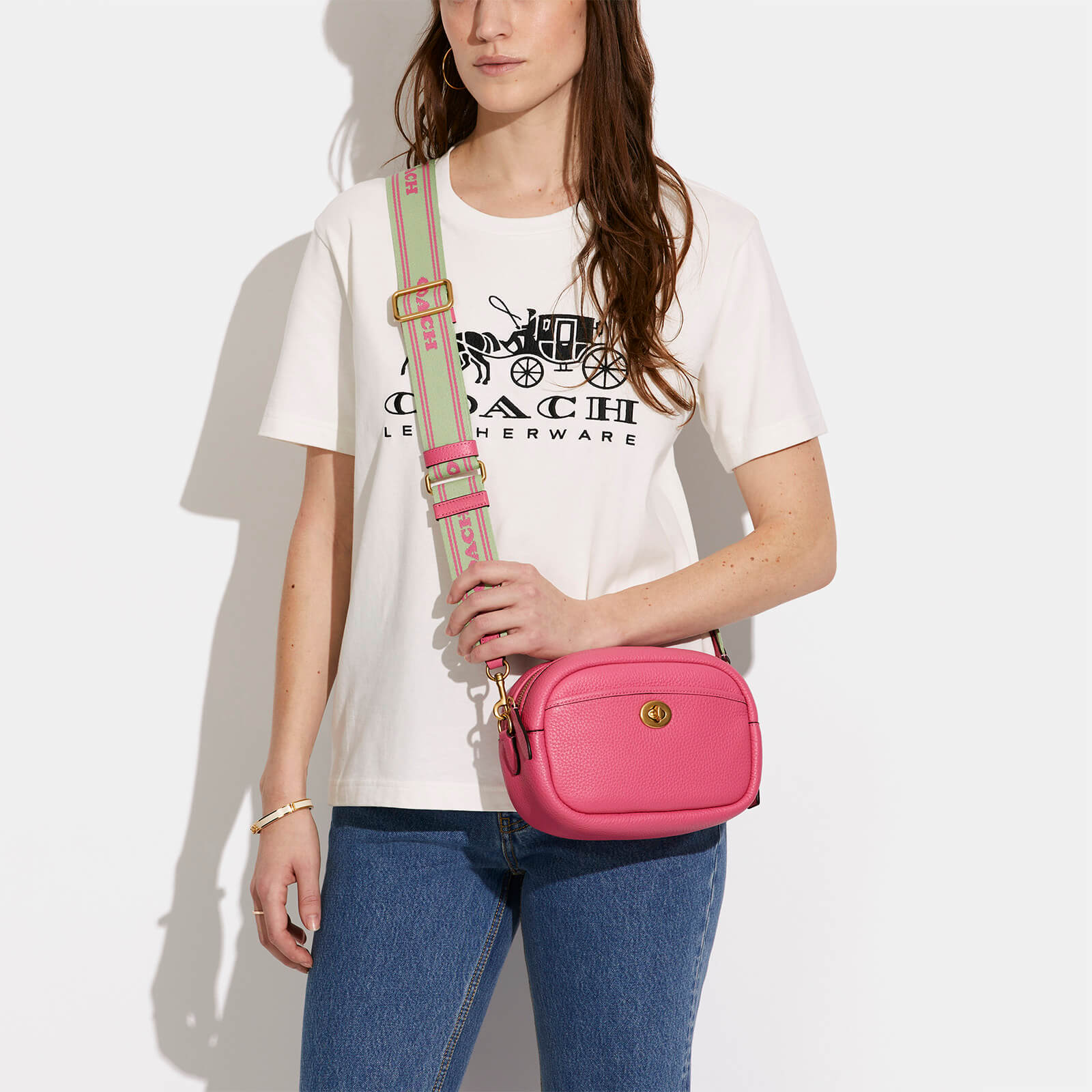 Coach Soft Pebble Leather Webbing Strap Camera Bag - Pink|