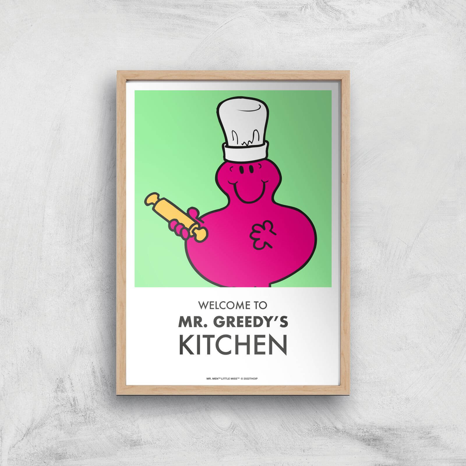 Mr Men & Little Miss Mr. Greedy's Kitchen Giclee Art Print - A4 - Wooden Frame