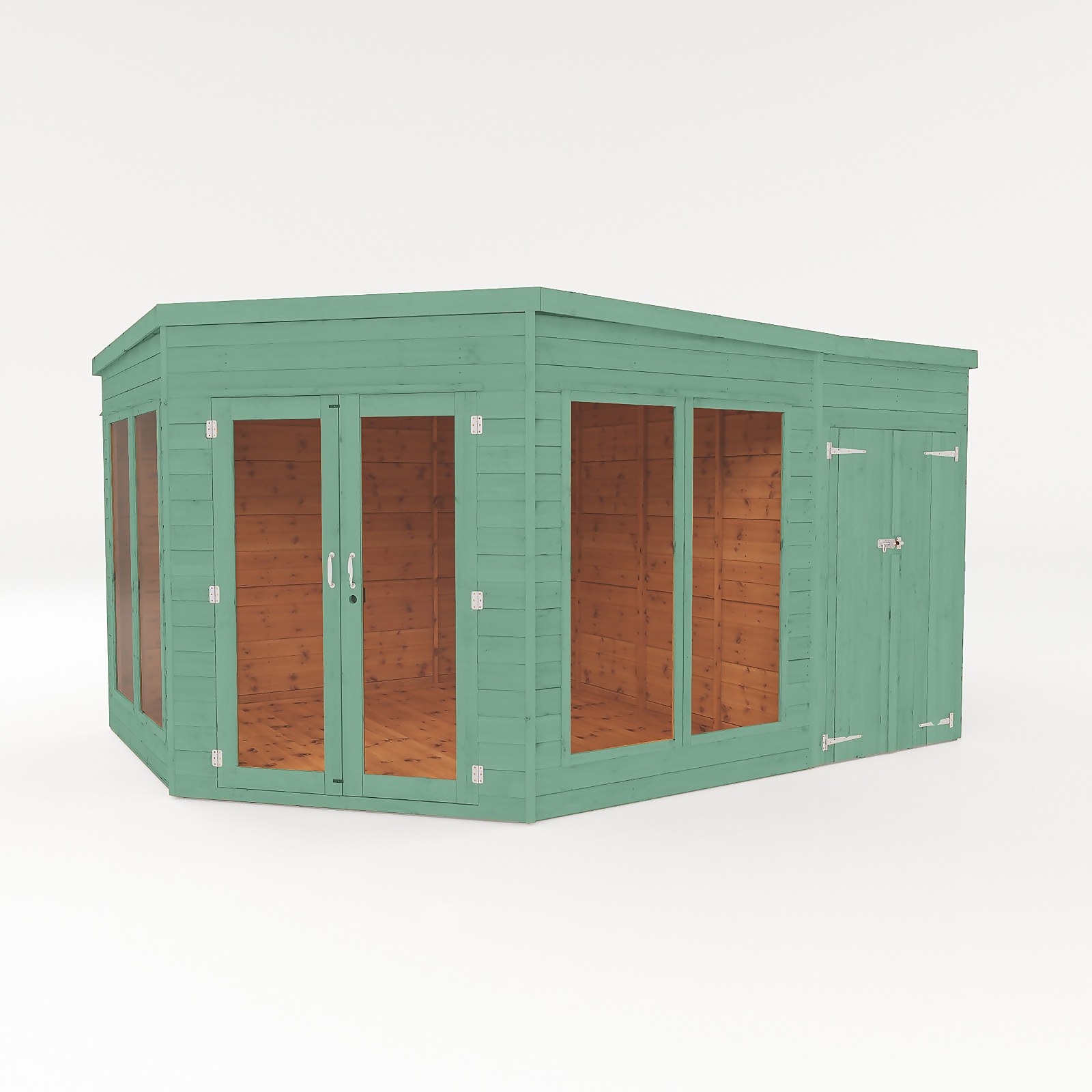 Photo of Country Living Premium Ribble 9ft X 13ft Corner Summerhouse With Side Shed Painted + Installation - Aurora Green