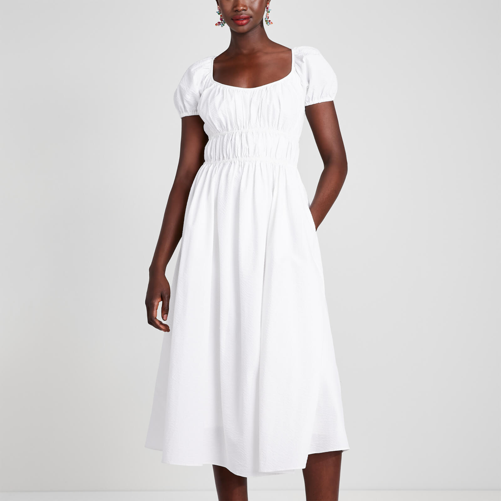 kate spade new york women's seersucker puff sleeve dress - white - s