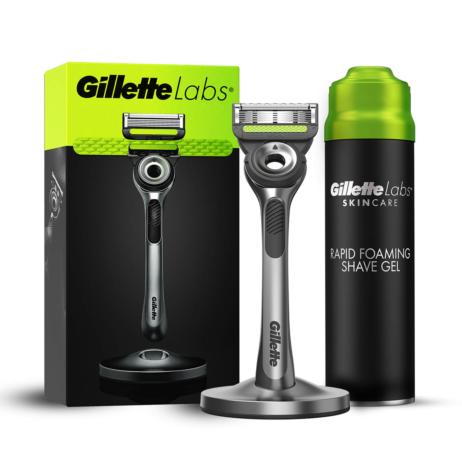 Gillette Labs Razor with Exfoliating Bar and Shaving Gel - Silver Razor  Magnetic Stand  Shaving Gel