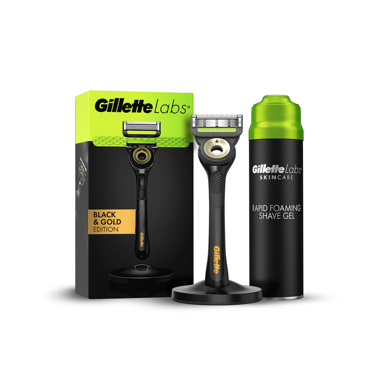 Gillette Labs Razor with Exfoliating Bar and Shaving Gel - Black & Gold Razor  Magnetic Stand  Shaving Gel
