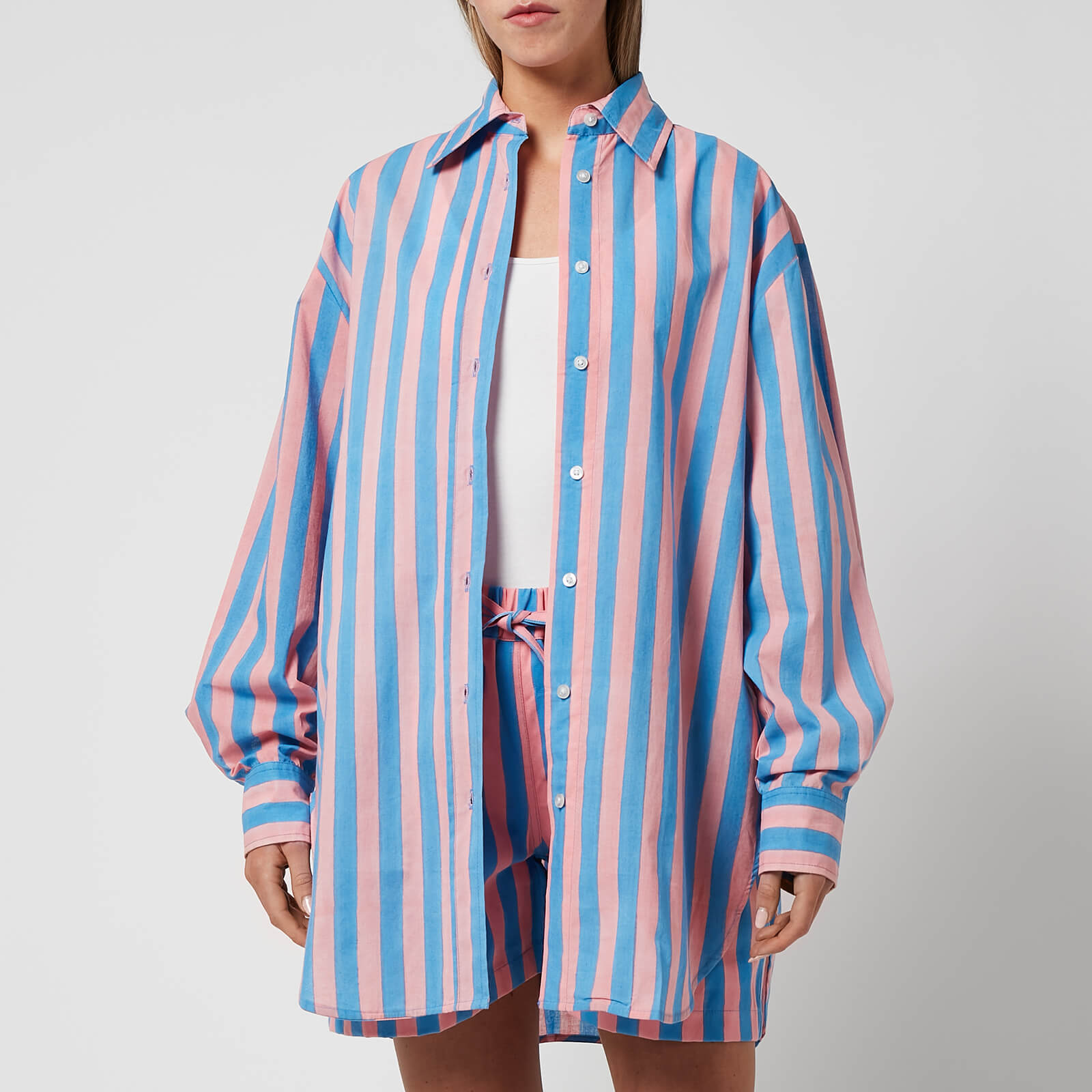 SZ Blockprints Women's Oversized Button Down Shirt - Faded Rose & London Blue - M