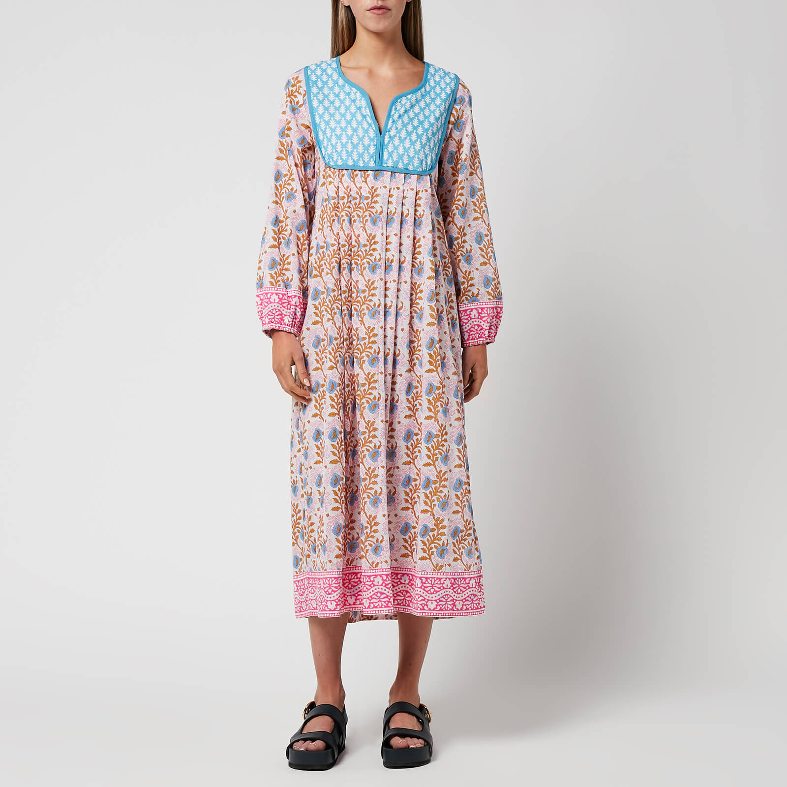 SZ Blockprints Women's Kitty Dress In Camel Essa Print - Camel & Hot Pink - M