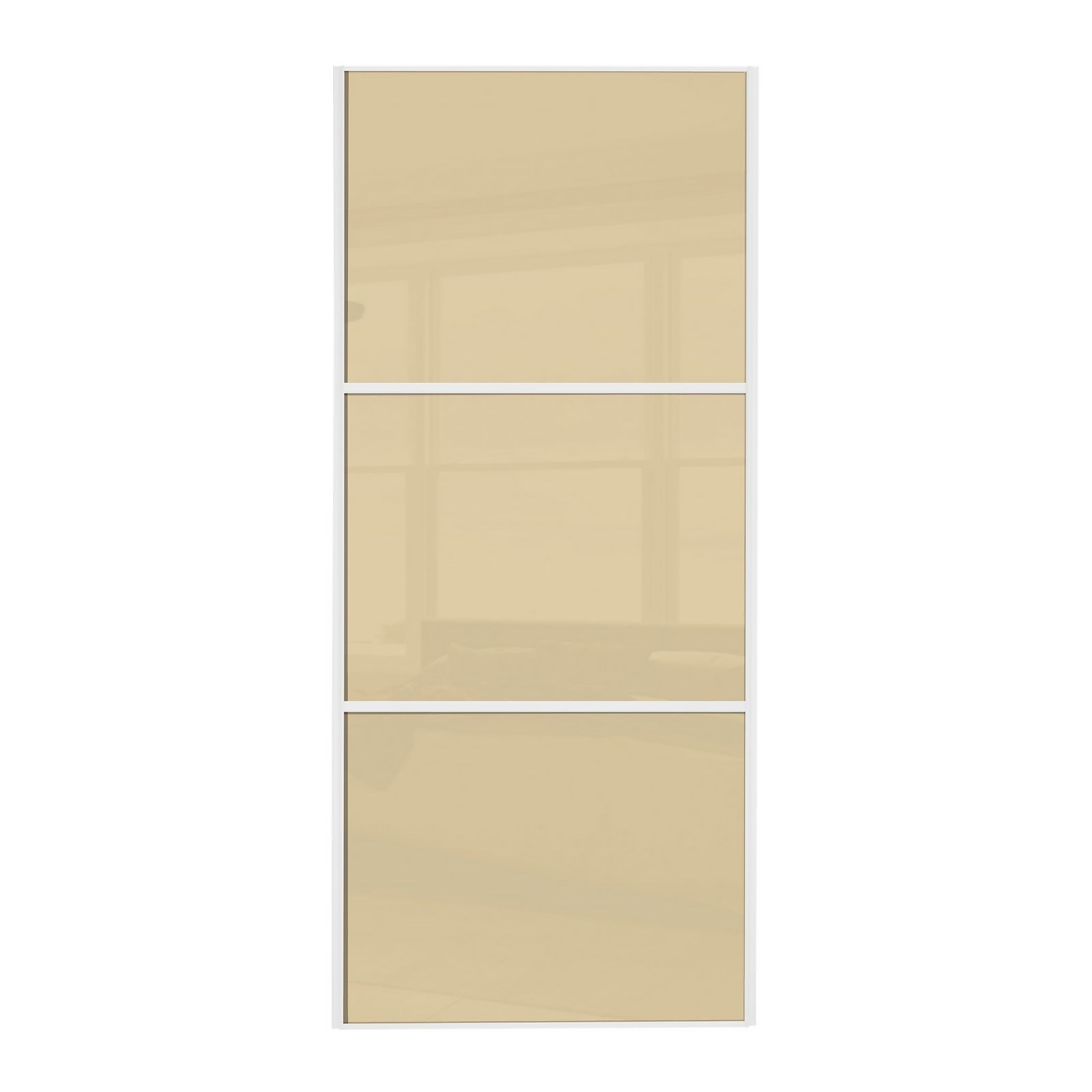 Photo of Linear White Wooden Frame Cream Glass Sliding Door - 914mm