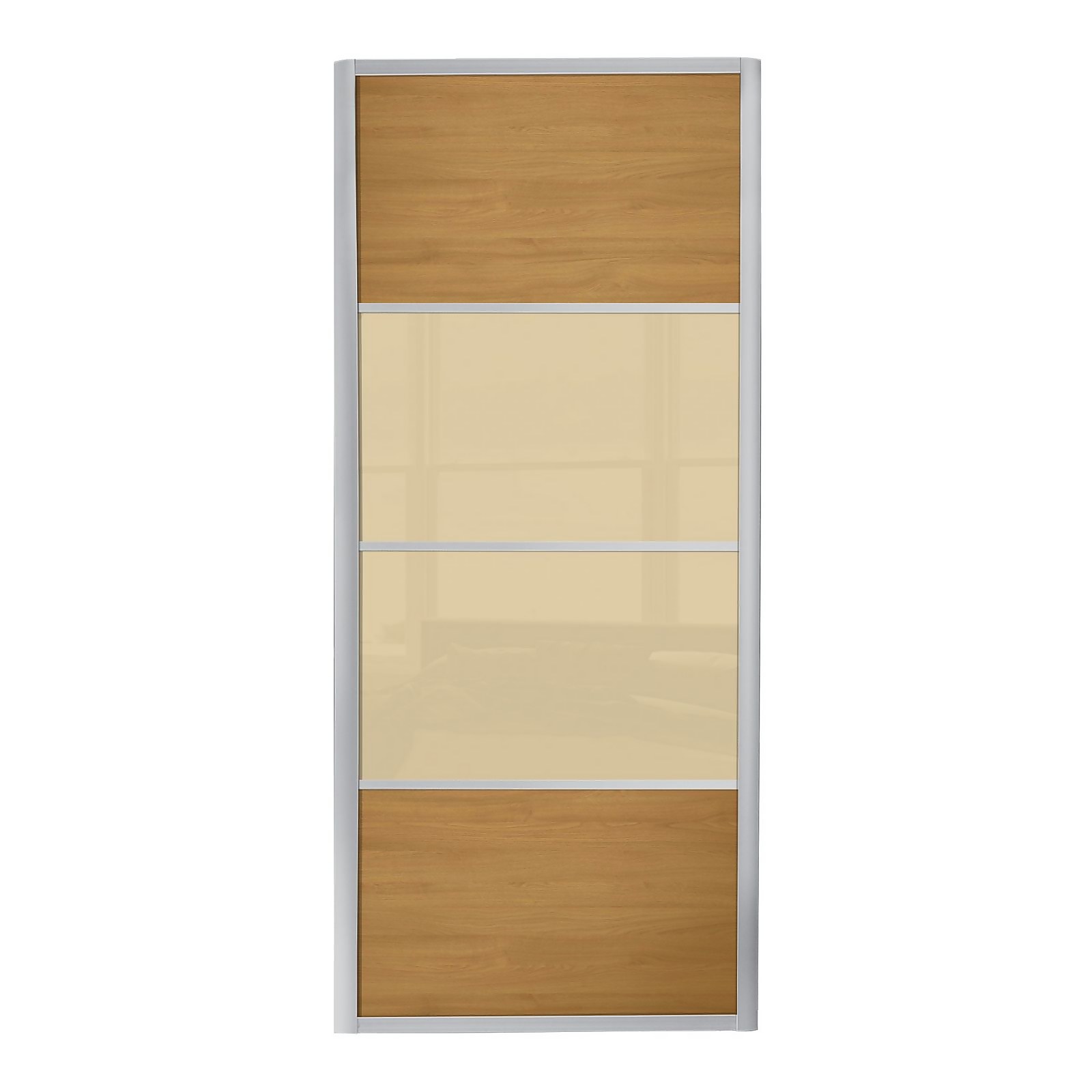 Photo of Ellipse 4 Panel Windsor Oak Panel And Cream Glass Sliding Door - 762mm