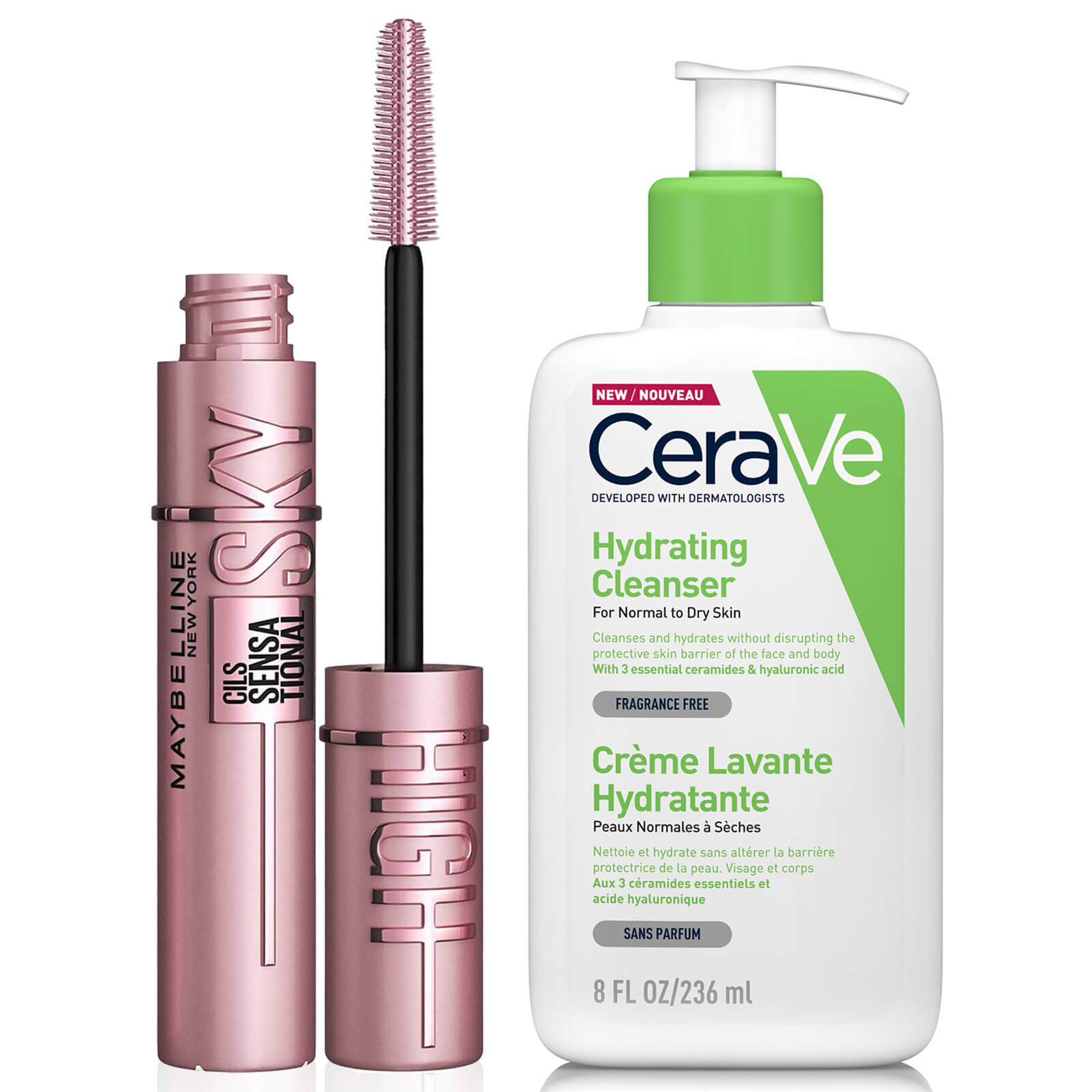 Image of CeraVe Hydrating Hyaluronic Acid Cleanser and Maybelline Sky High Mascara Duo for Dry Skin