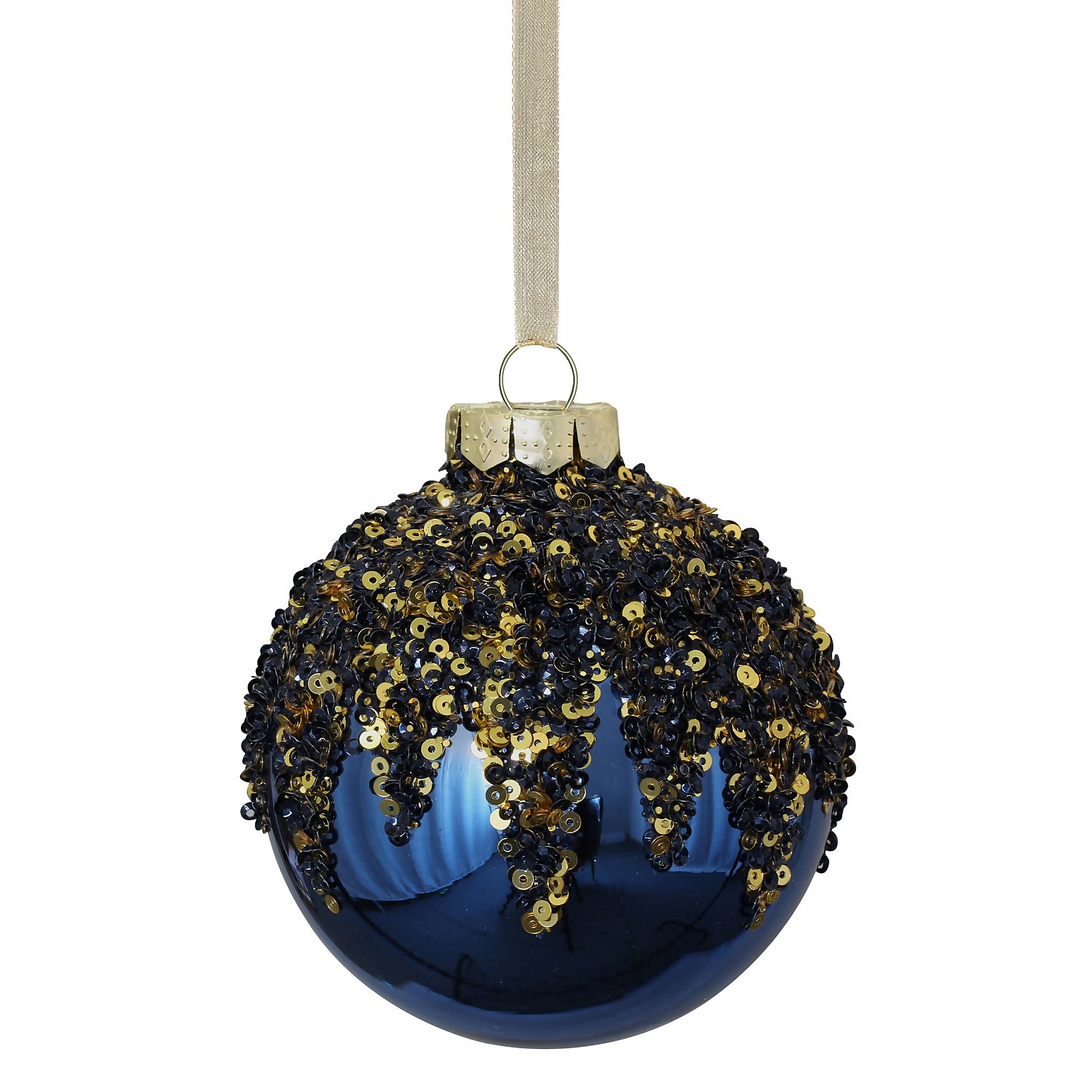 Photo of Midnight Blue Sequin Glass Christmas Tree Bauble - 90mm