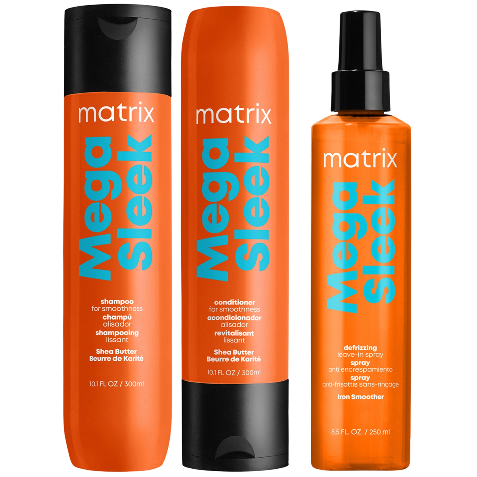 Matrix Mega Sleek Shea Butter Smoothing Shampoo, Conditioner And Iron Smoother Heat Protection Routine For In White