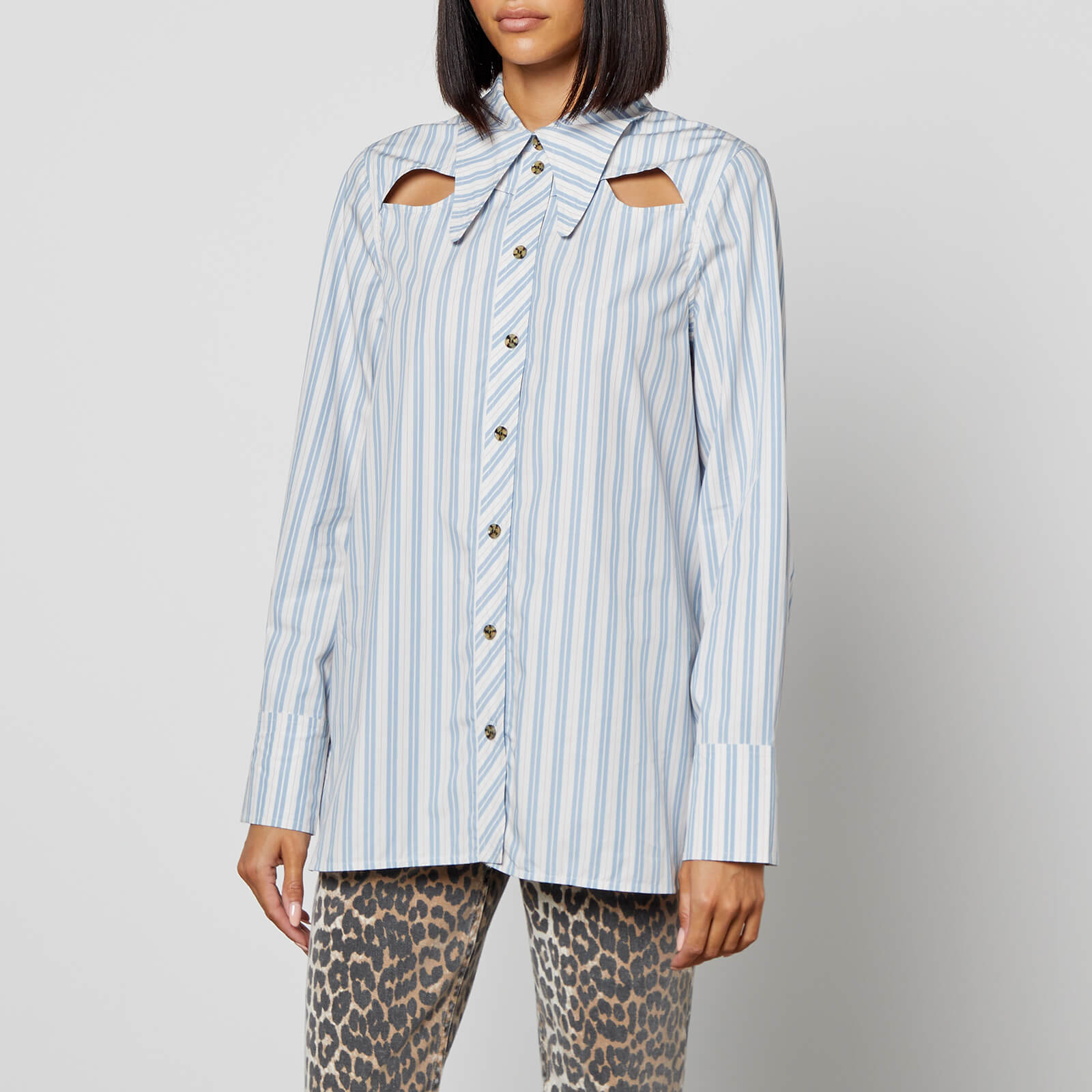 Ganni Cutout Striped Organic Cotton-Poplin Shirt - EU 42/UK 14