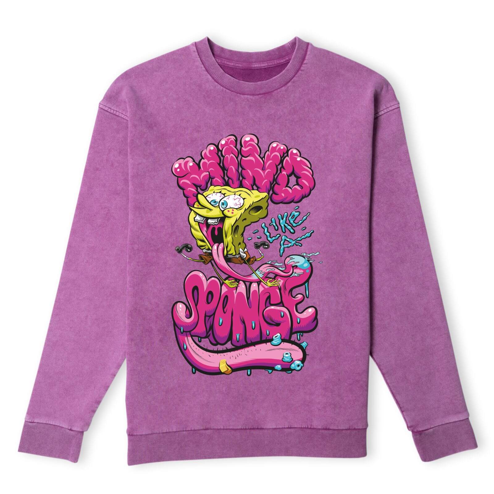 

Spongebob Squarepants Mind Like A Sponge Sweatshirt - Purple Acid Wash - L - Purple Acid Wash