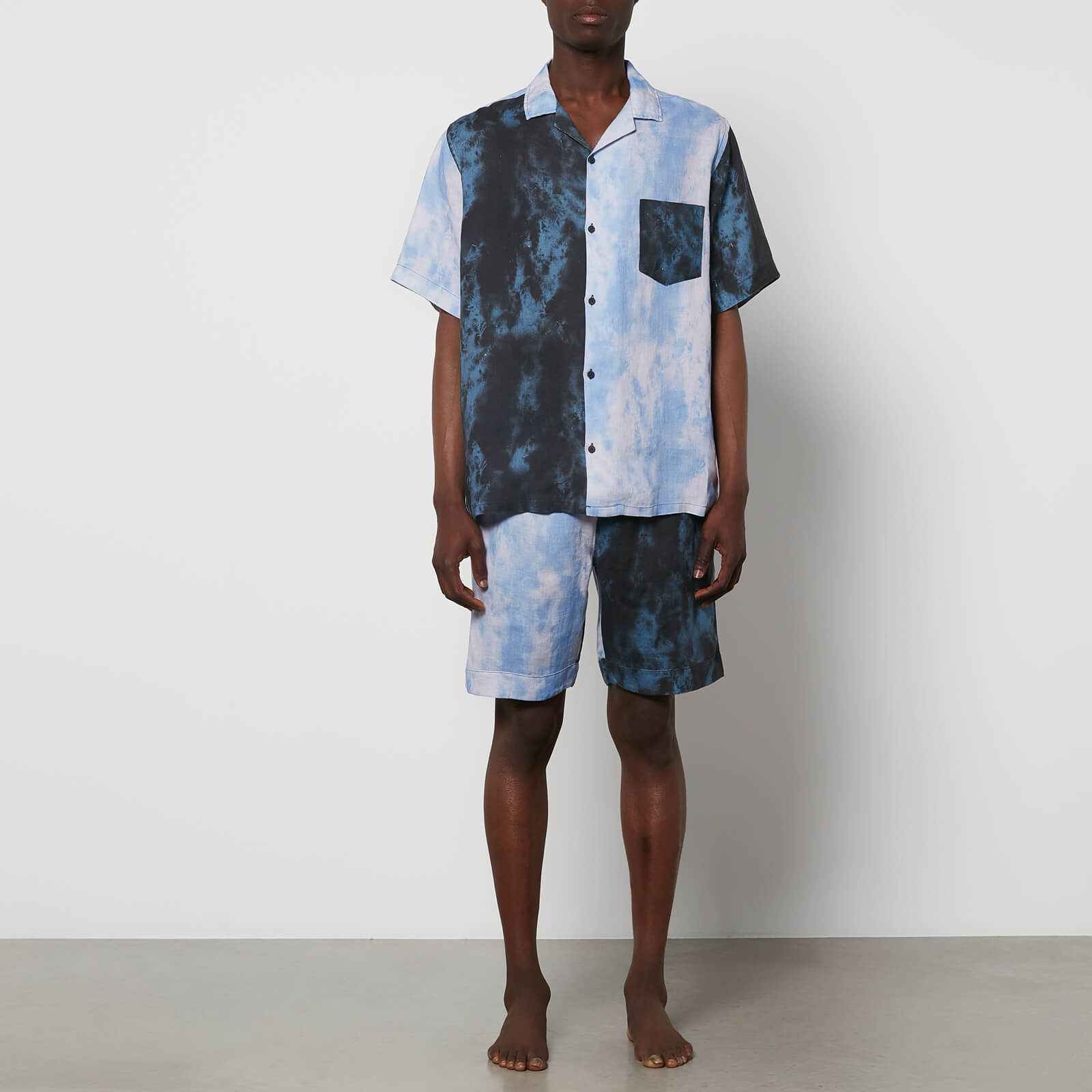 Desmond & Dempsey Men's Summer Dusk Cuban Pyjama Set - Patchwork Navy/Sky Blue - S