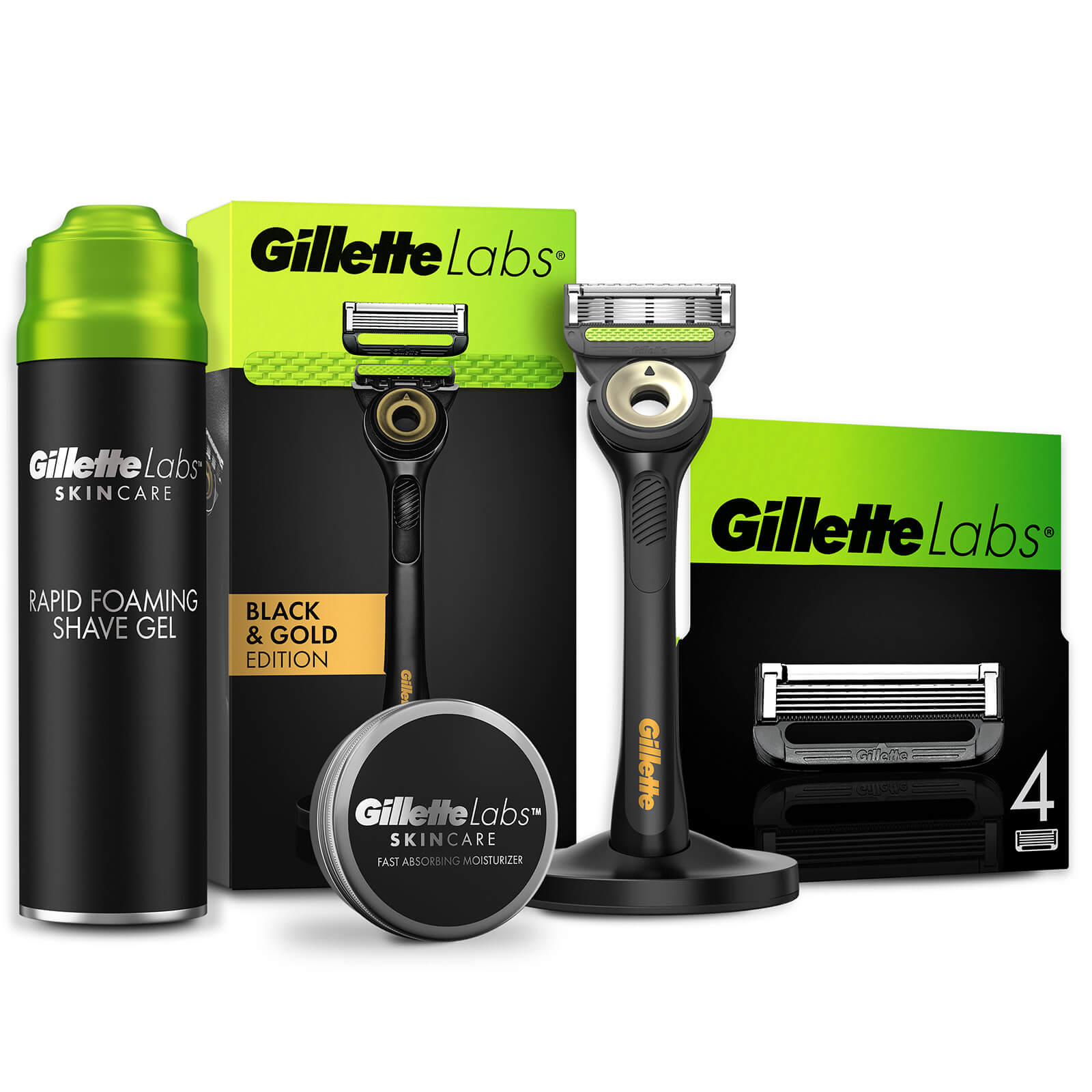 Gillette Labs Black & Gold Razor  Shaving Gel  Moisturiser and 4 Blade Refills