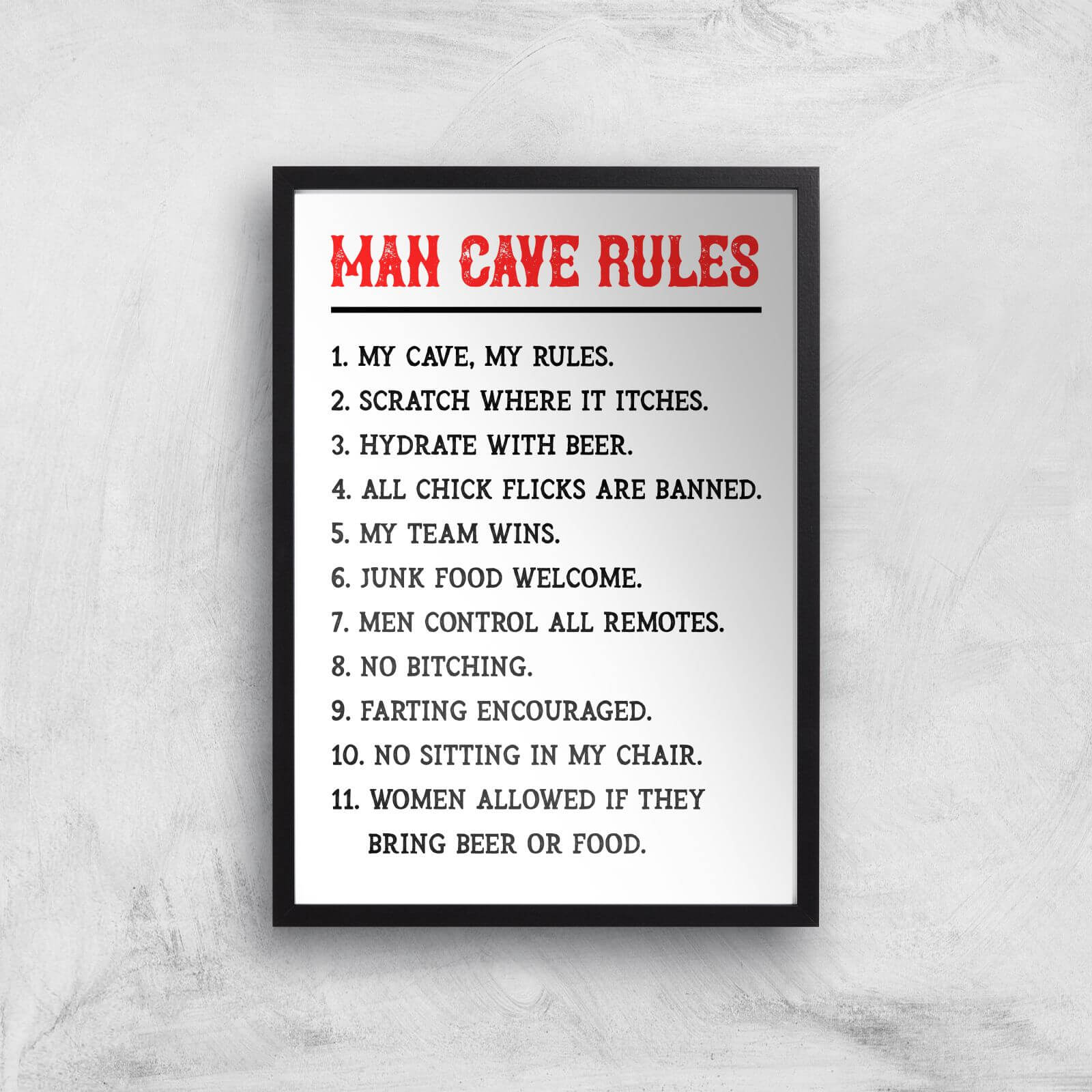 Man Cave Rules Giclee Art Print - A4 - Black Frame