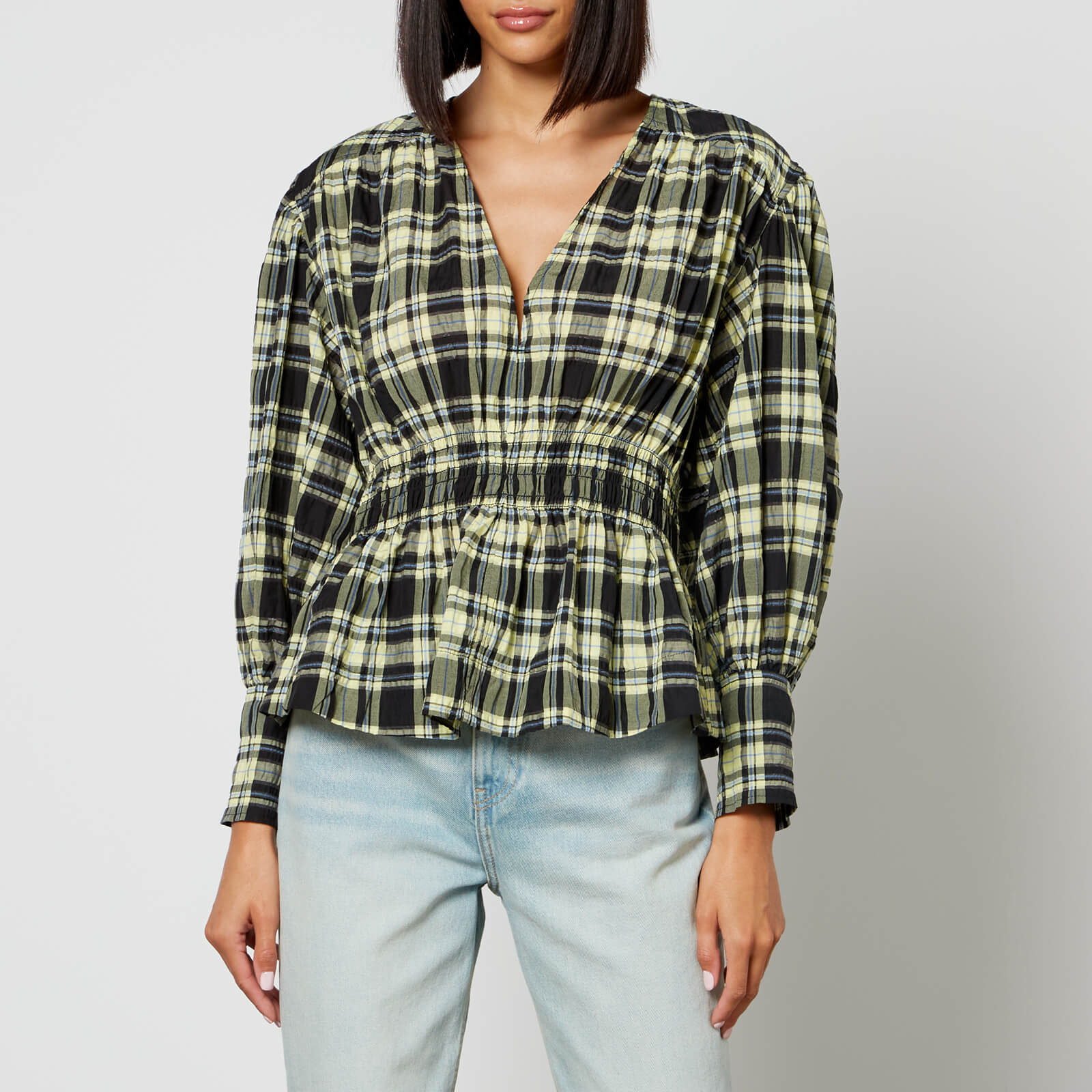 Ganni Checked Organic Cotton-Blend Seersucker Blouse - EU 36/UK 8