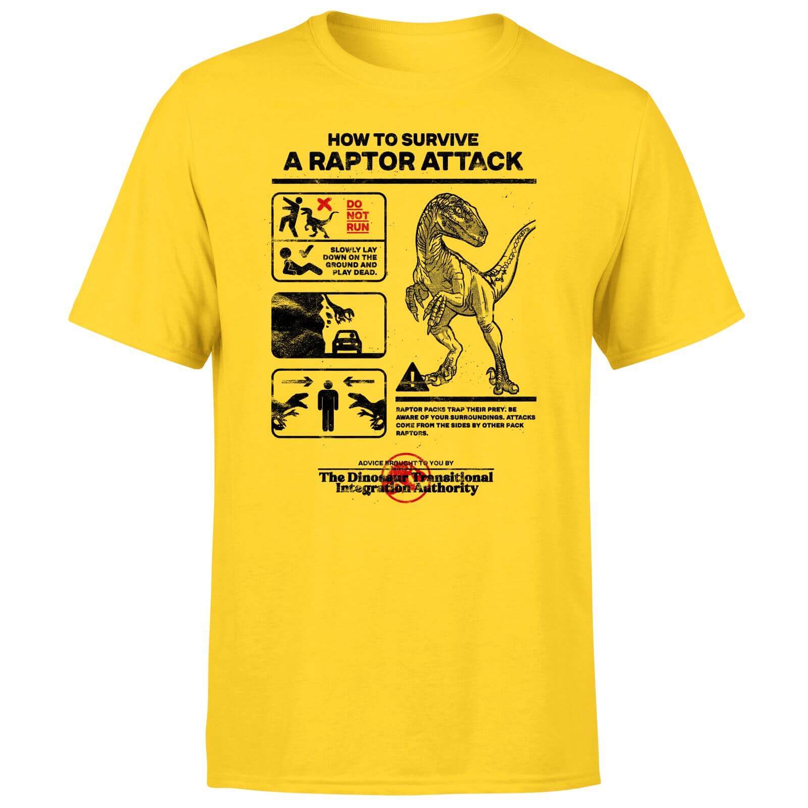 Jurassic World Raptor Attack Survival Guide Unisex T Shirt Yellow XS Giallo