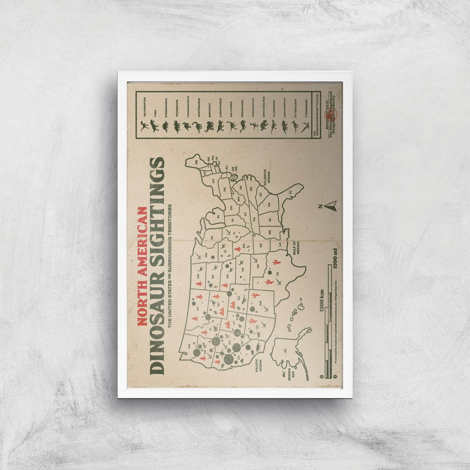 

Jurassic World Dinosaur Sightings Map Giclee Art Print - A4 - White Frame
