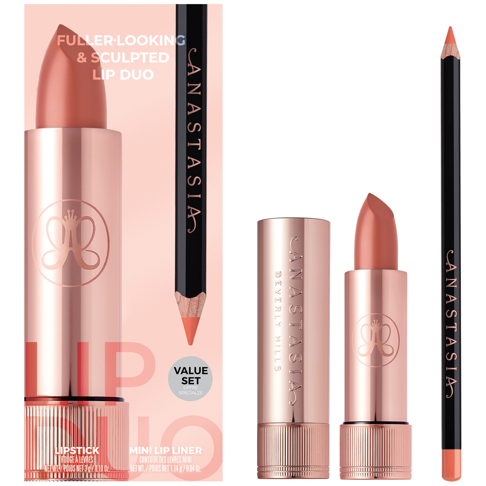 

Anastasia Beverly Hills Fuller Looking and Sculpted Lip Duo Kit (Various Shades) - Peach Bud Satin Lipstick & Sun Baked Lip Liner