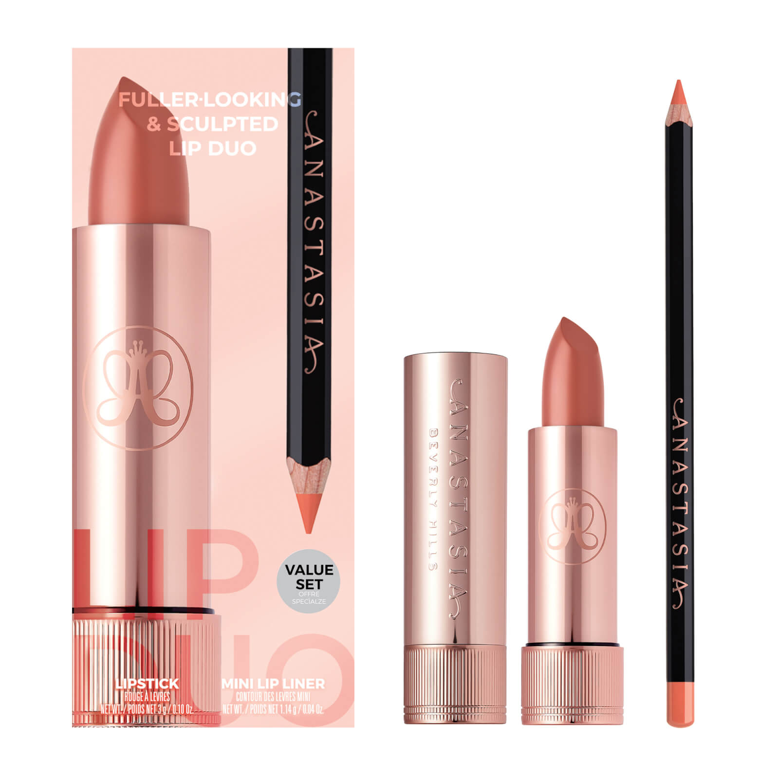 Anastasia Beverly Hills Fuller Looking and Sculpted Lip Duo Kit (Various Shades) - Peach Bud Satin Lipstick & Sun Baked Lip Liner