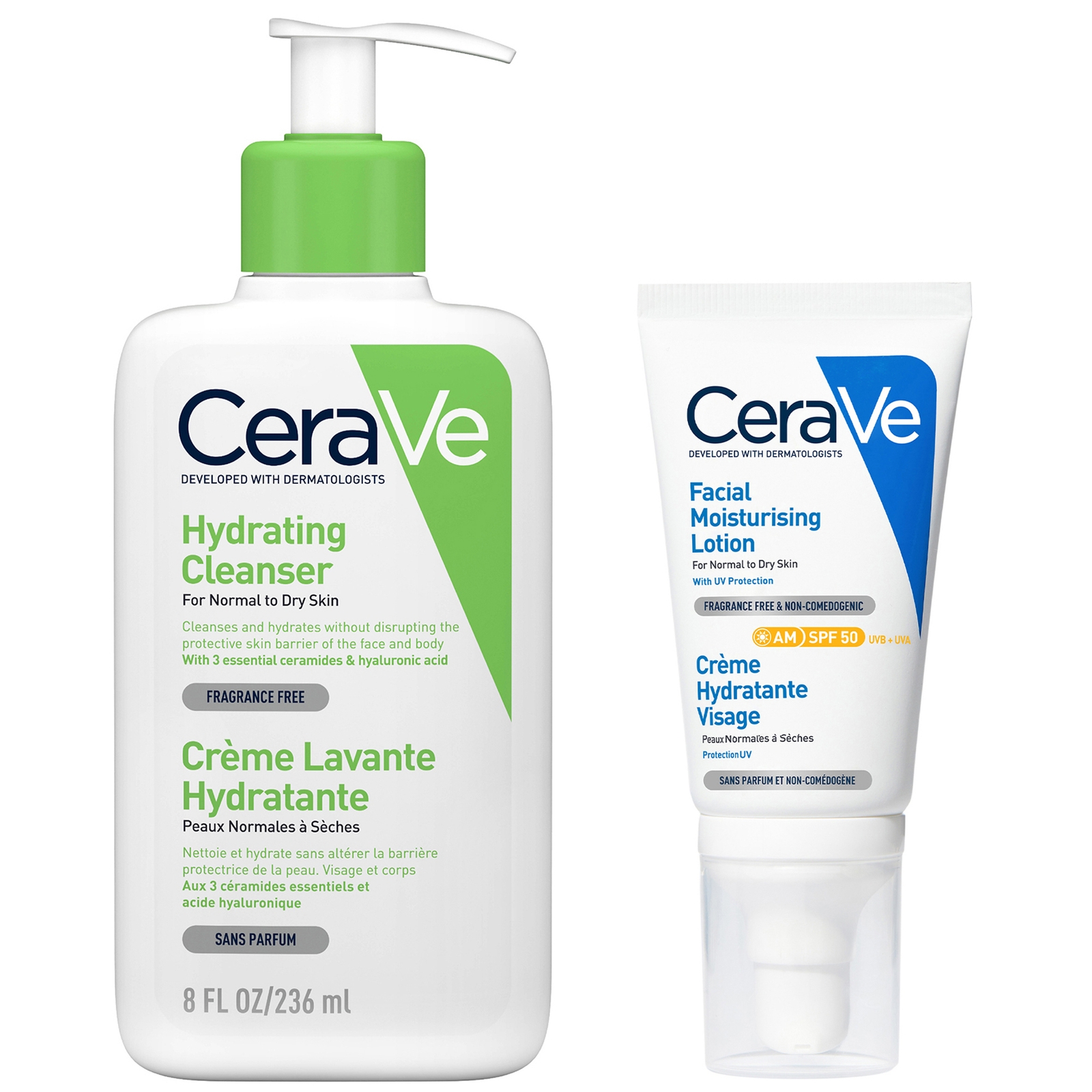Cerave Morning Face Routine For Dry Skin, Hydrating Cleanser And Moisturiser With Spf 50