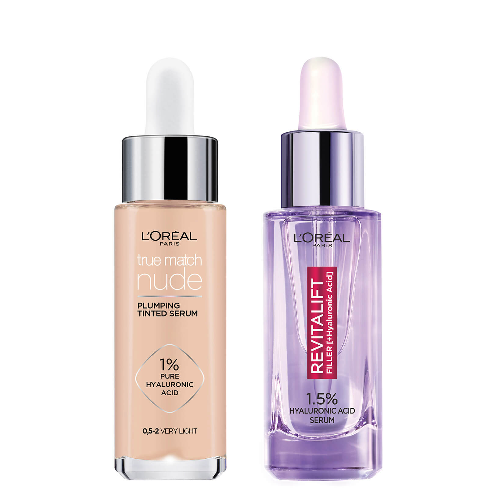 Image of L'Oreal Paris Hyaluronic Acid Revitalift Filler Serum and True Match Tinted Serum Duo (Various Shades) - 0.5-2 Very Light