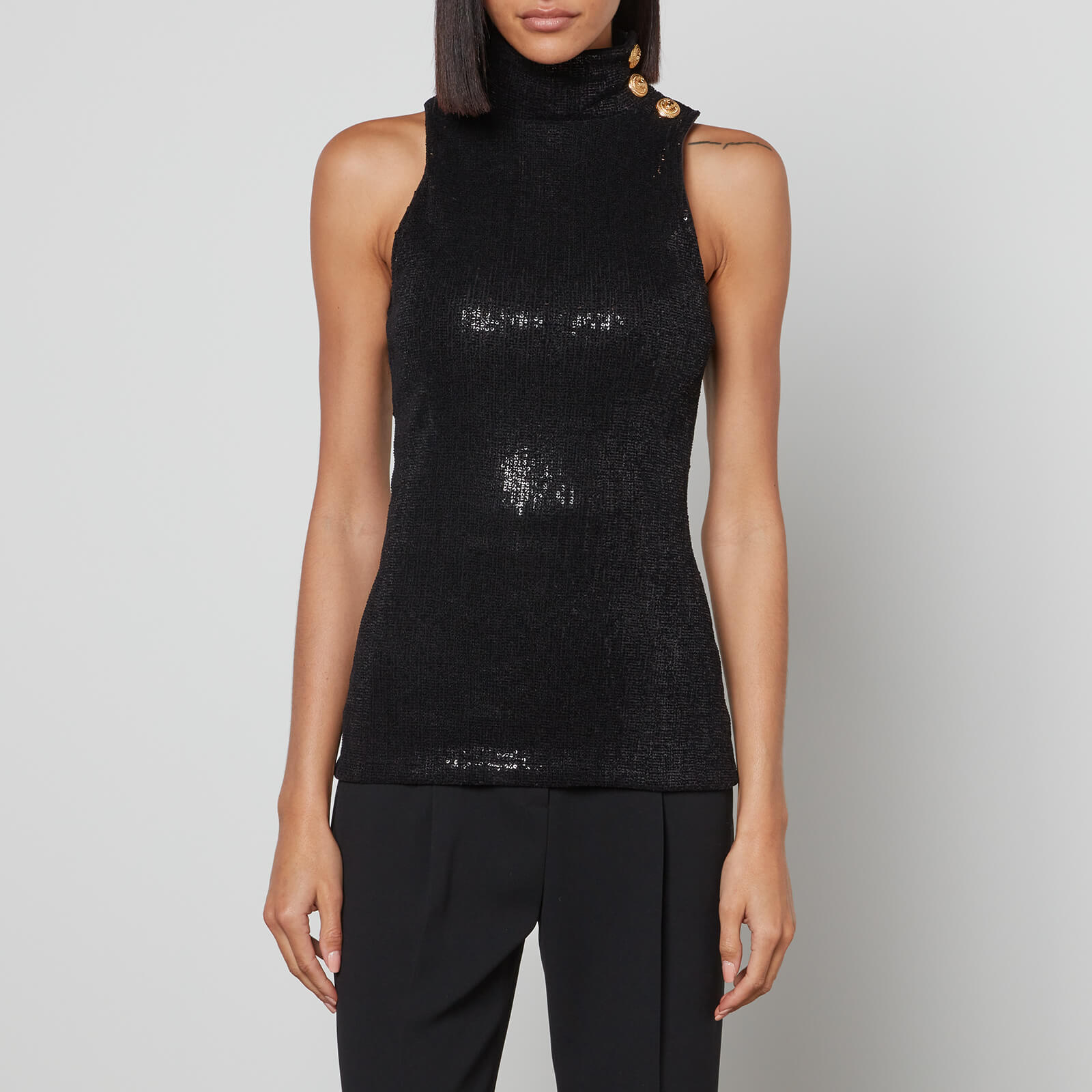 Balmain Sleeveless Sequin-Embellished Velvet High-Neck Top - FR 36/UK 8