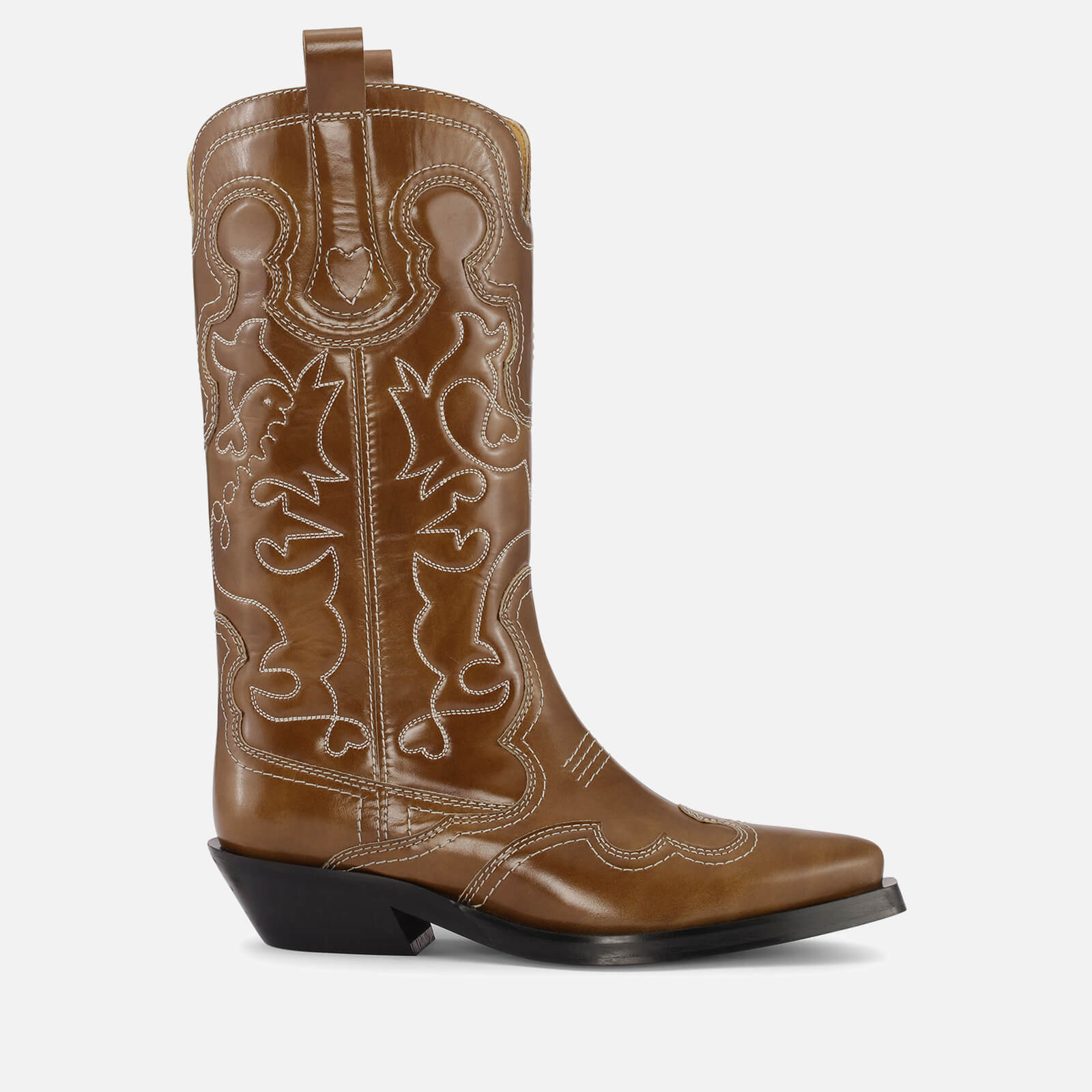 Ganni Mid-Rise Embroidered Leather Western Boots - UK 4