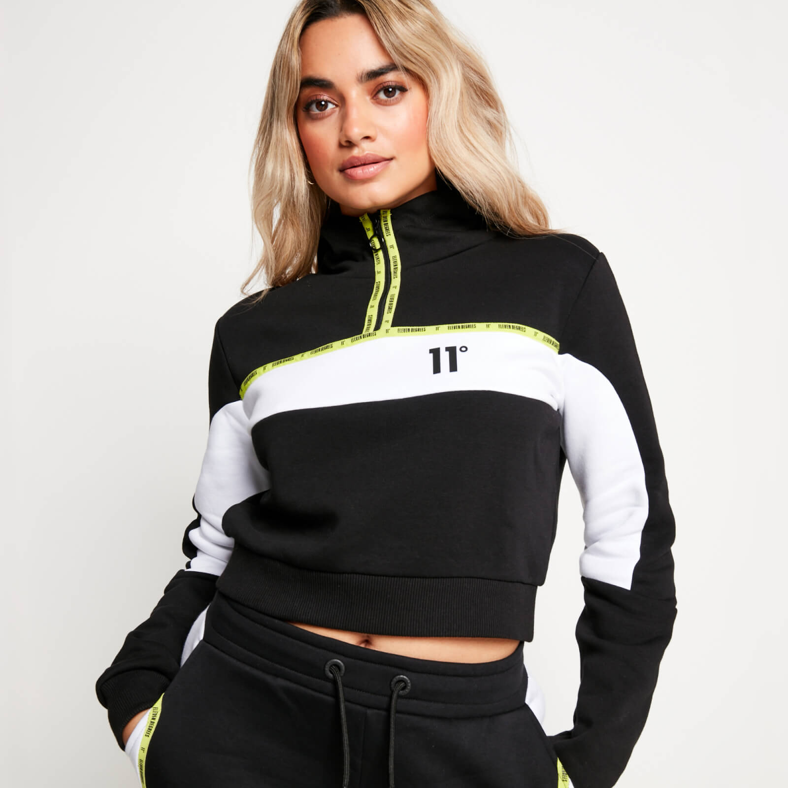 micro taped cut and sew cropped pullover hoodie – black/white - uk 12