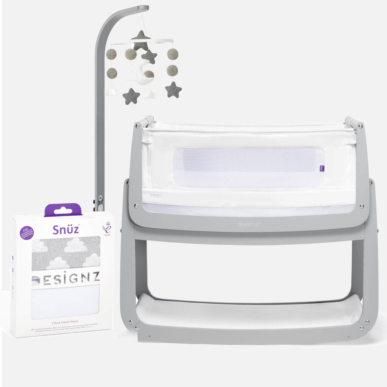 SnuzPod4 Crib, Mobile and Fitted Sheets Bundle - Dove Grey