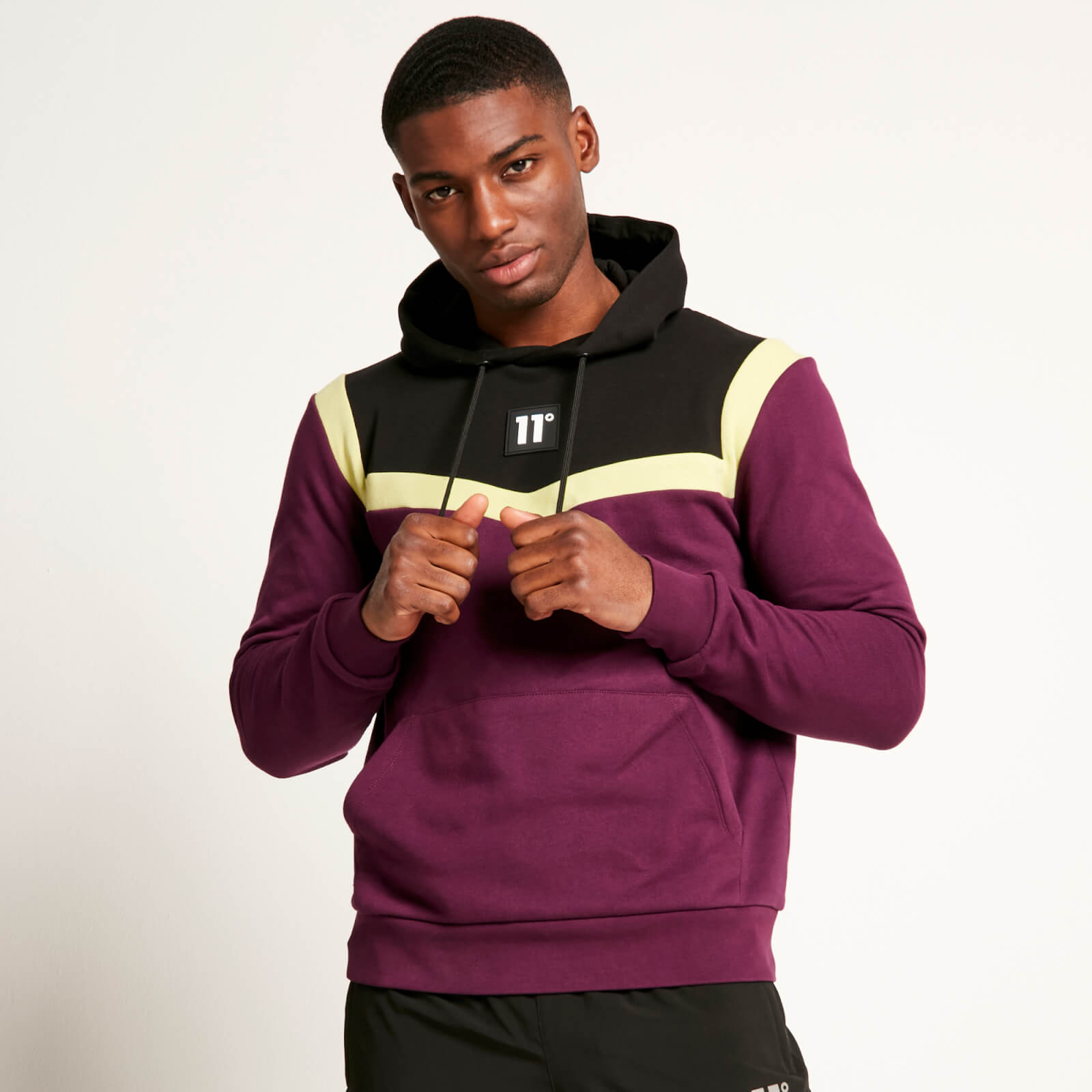 cut and sew pullover hoodie – plum purple/black/limeade - xs