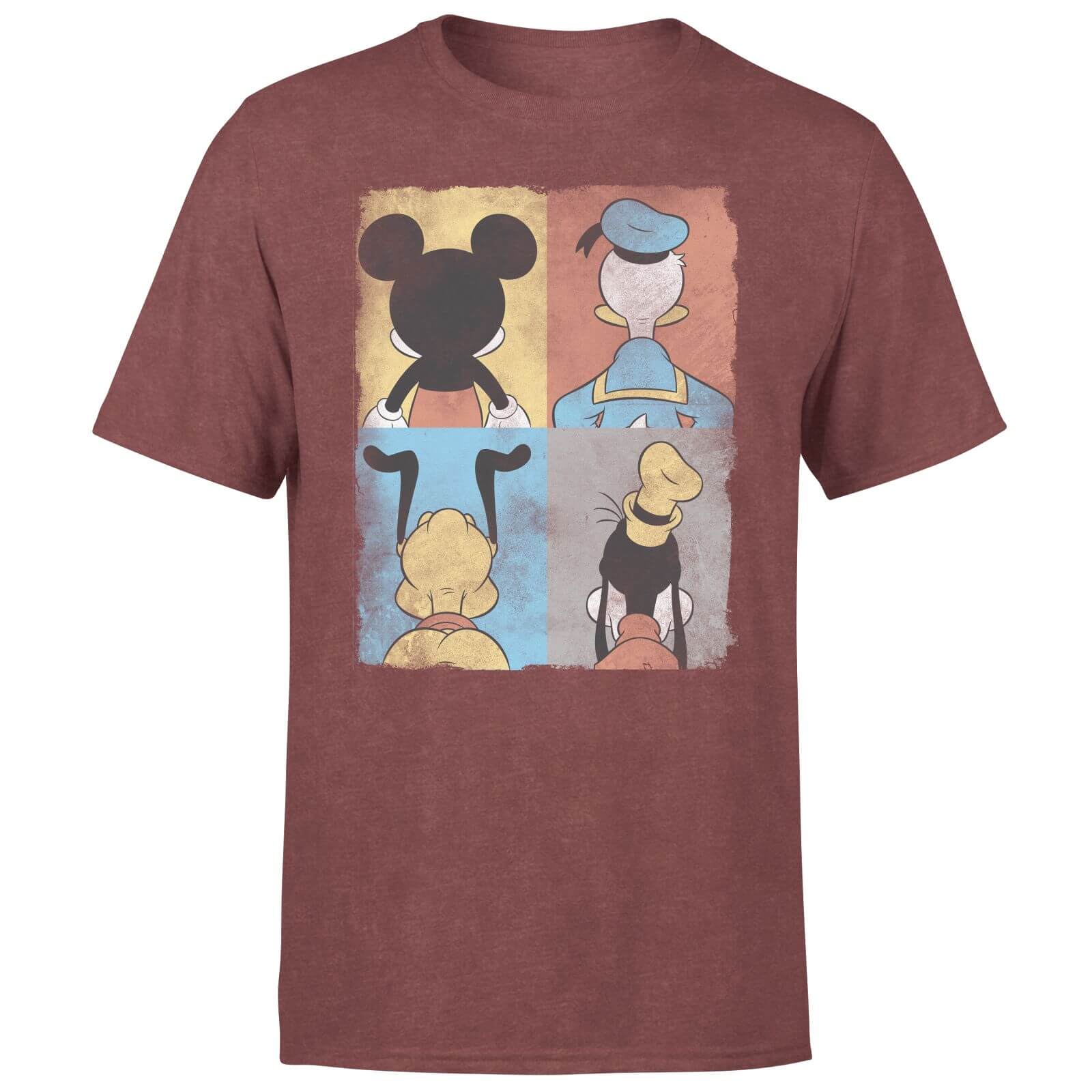 Image of Donald Duck Mickey Mouse Pluto Goofy Tiles Men's T-Shirt - Burgundy Acid Wash - S - Burgundy Acid Wash