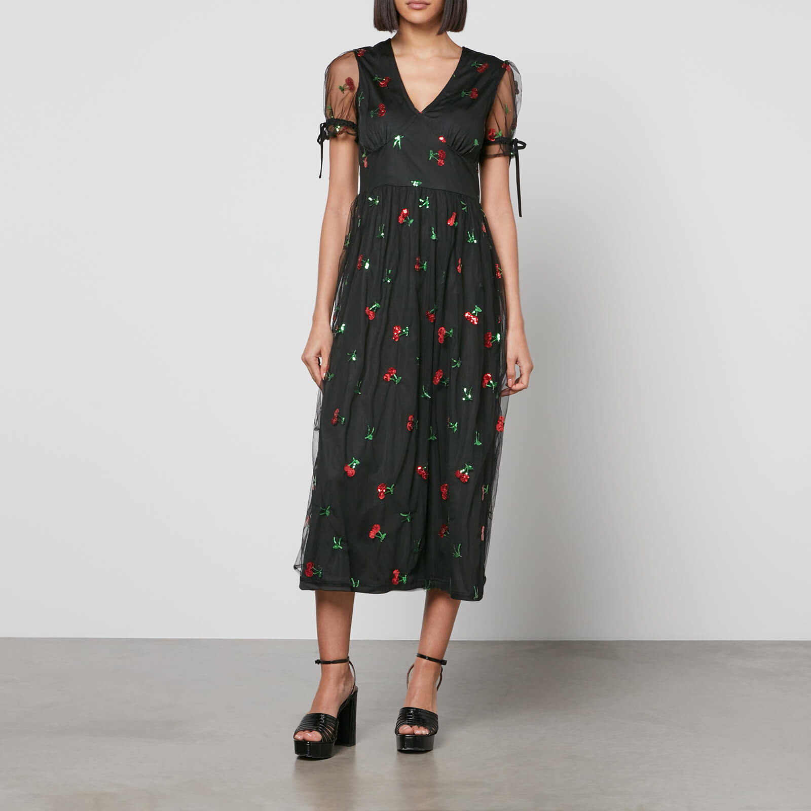 Never Fully Dressed Embellished Cherry Lined Mesh Midi Dress