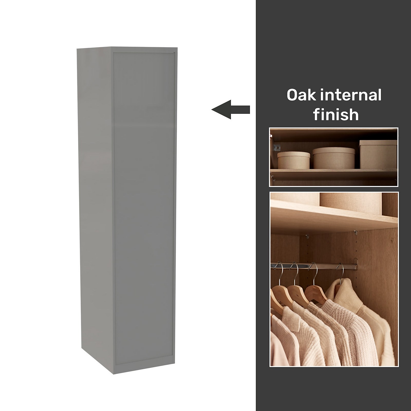 House Beautiful Honest Fitted Look Single Wardrobe, Oak Effect Carcass - Gloss Grey Slab Door (W) 490mm x (H) 2226mm