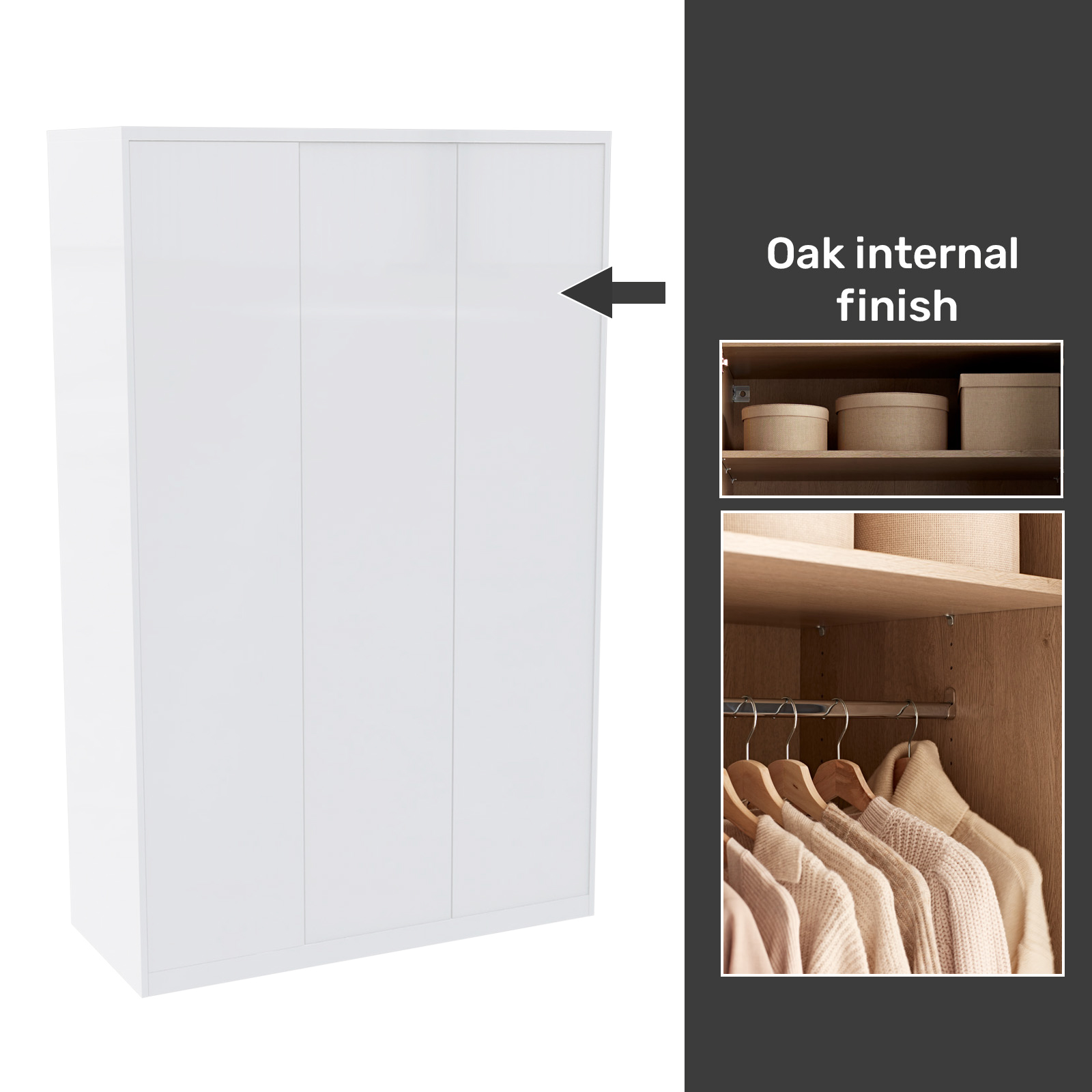 House Beautiful Honest Fitted Look Triple Wardrobe, Oak Effect Carcass - Gloss White Slab Doors (W) 1390mm x (H) 2226mm