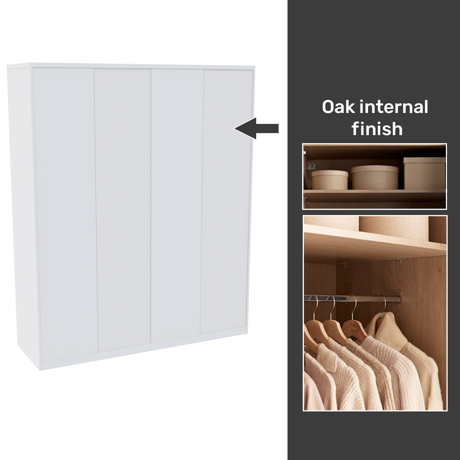 House Beautiful Honest Fitted Look Quad Wardrobe, Oak Effect Carcass - Gloss White Slab Doors (W) 1840mm x (H) 2226mm